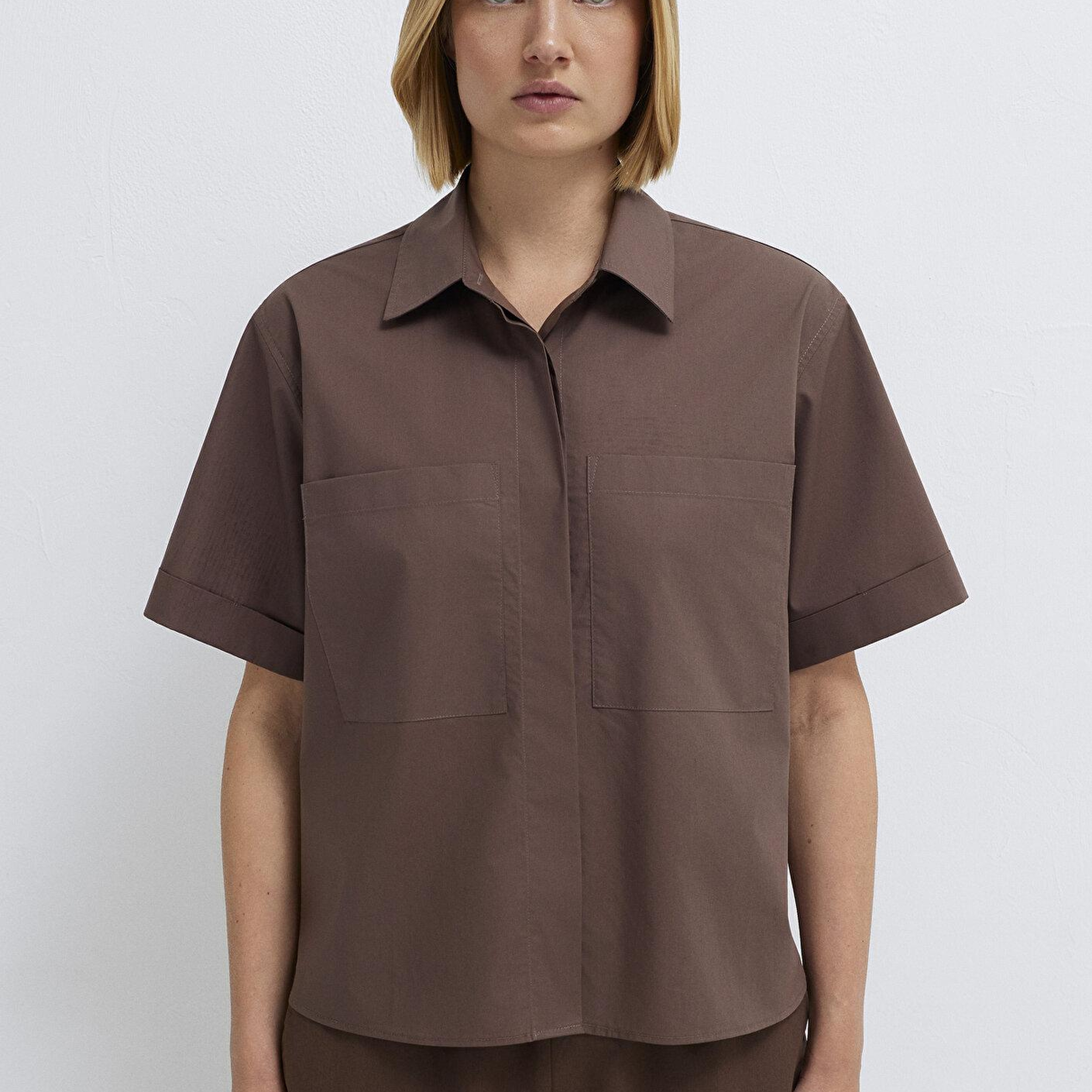 Mavi Cep Detaylı Kahverengi Gömlek Loose Fit / Bol Rahat Kesim 1211537-87537