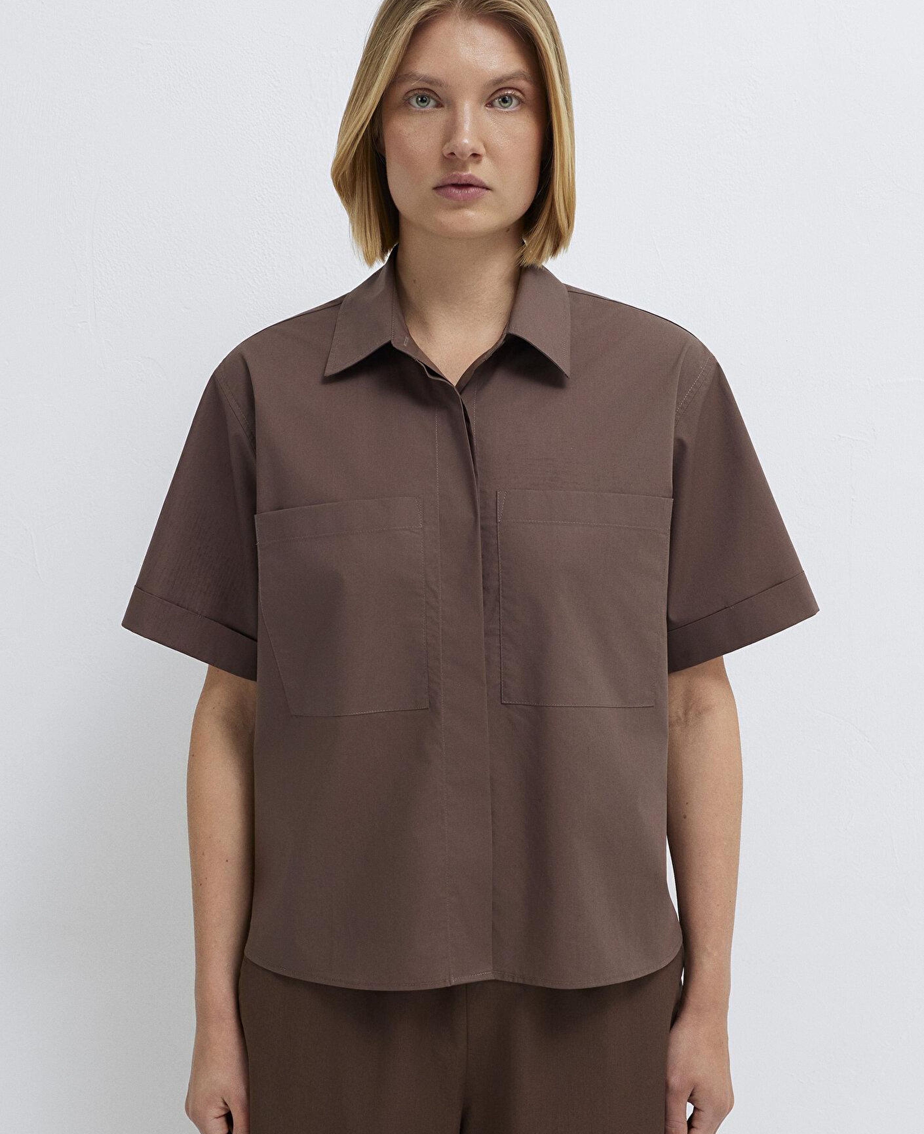 Mavi Cep Detaylı Kahverengi Gömlek Loose Fit / Bol Rahat Kesim 1211537-87537