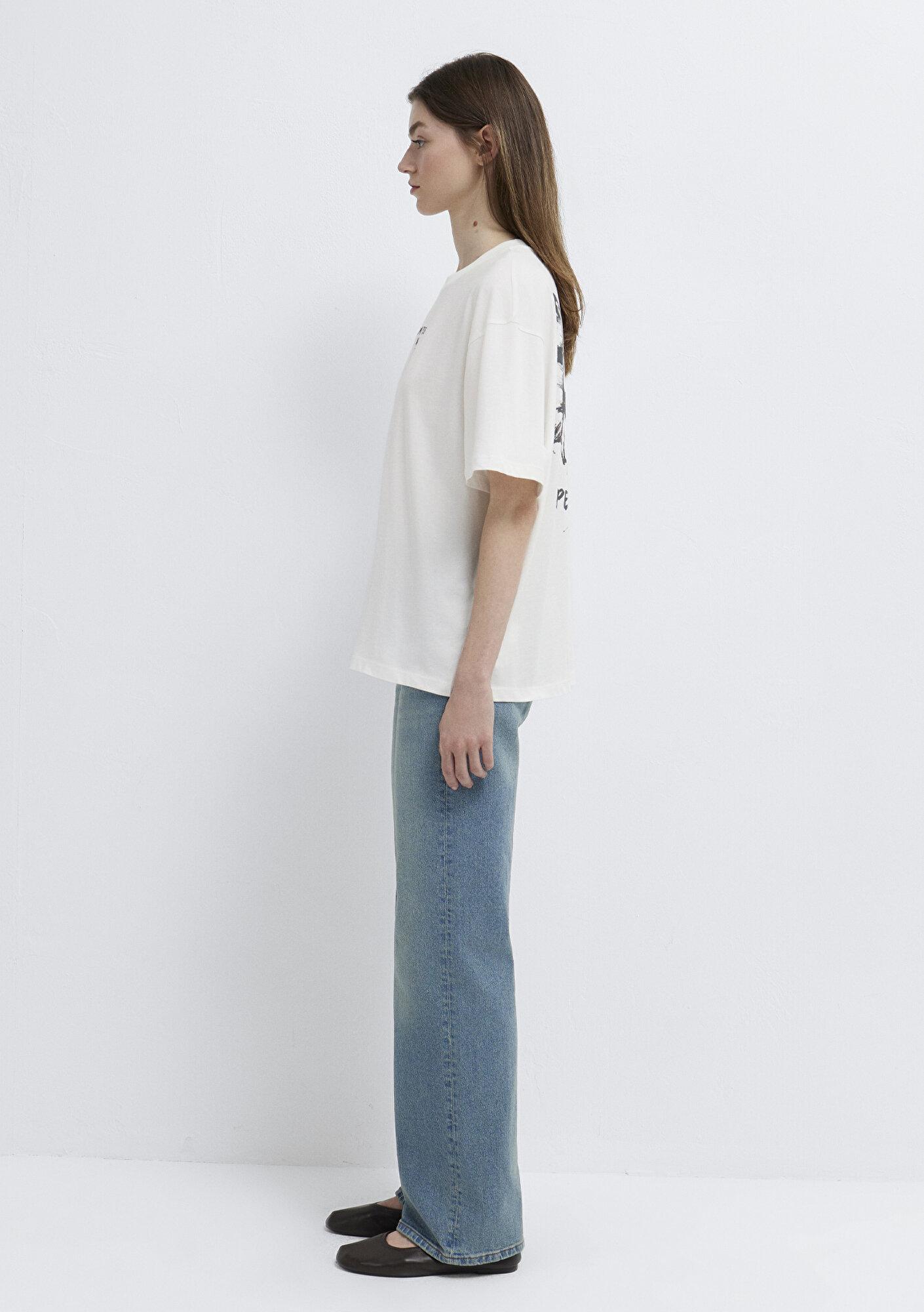 Mavi Kelebek Baskılı Ekru Tişört Boxy Fit 1613872-80194