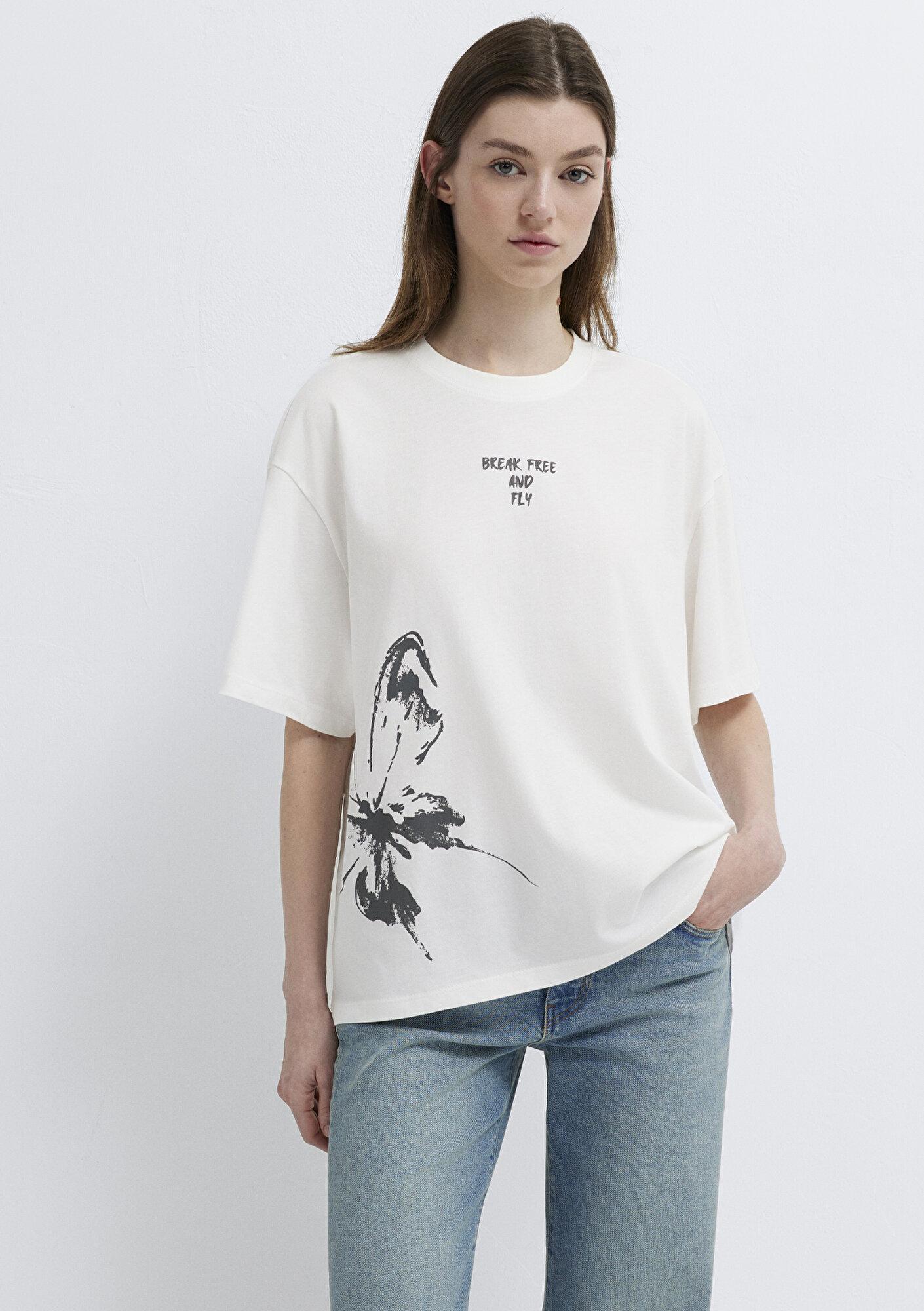 Mavi Kelebek Baskılı Ekru Tişört Boxy Fit 1613872-80194