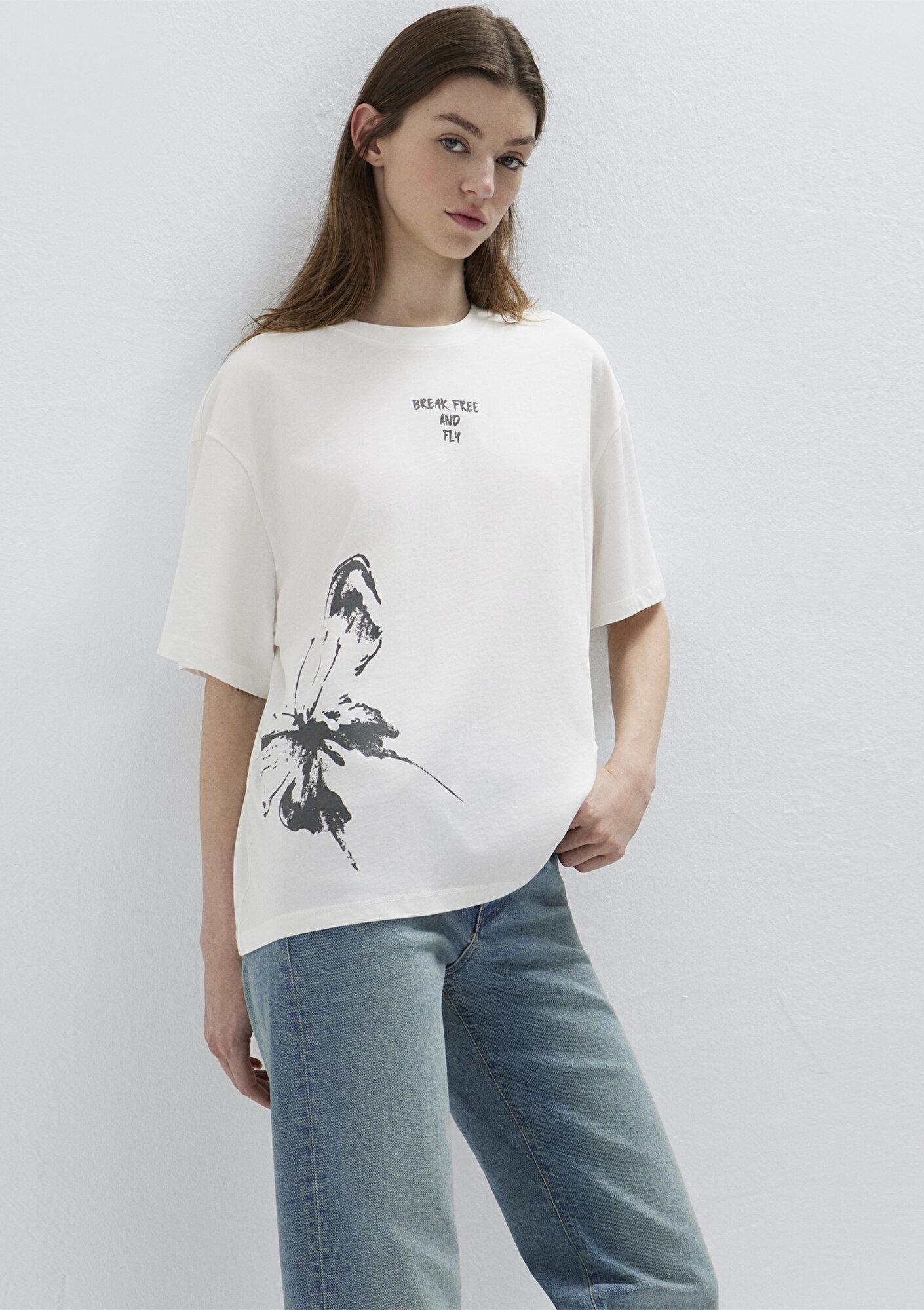 Mavi Kelebek Baskılı Ekru Tişört Boxy Fit 1613872-80194