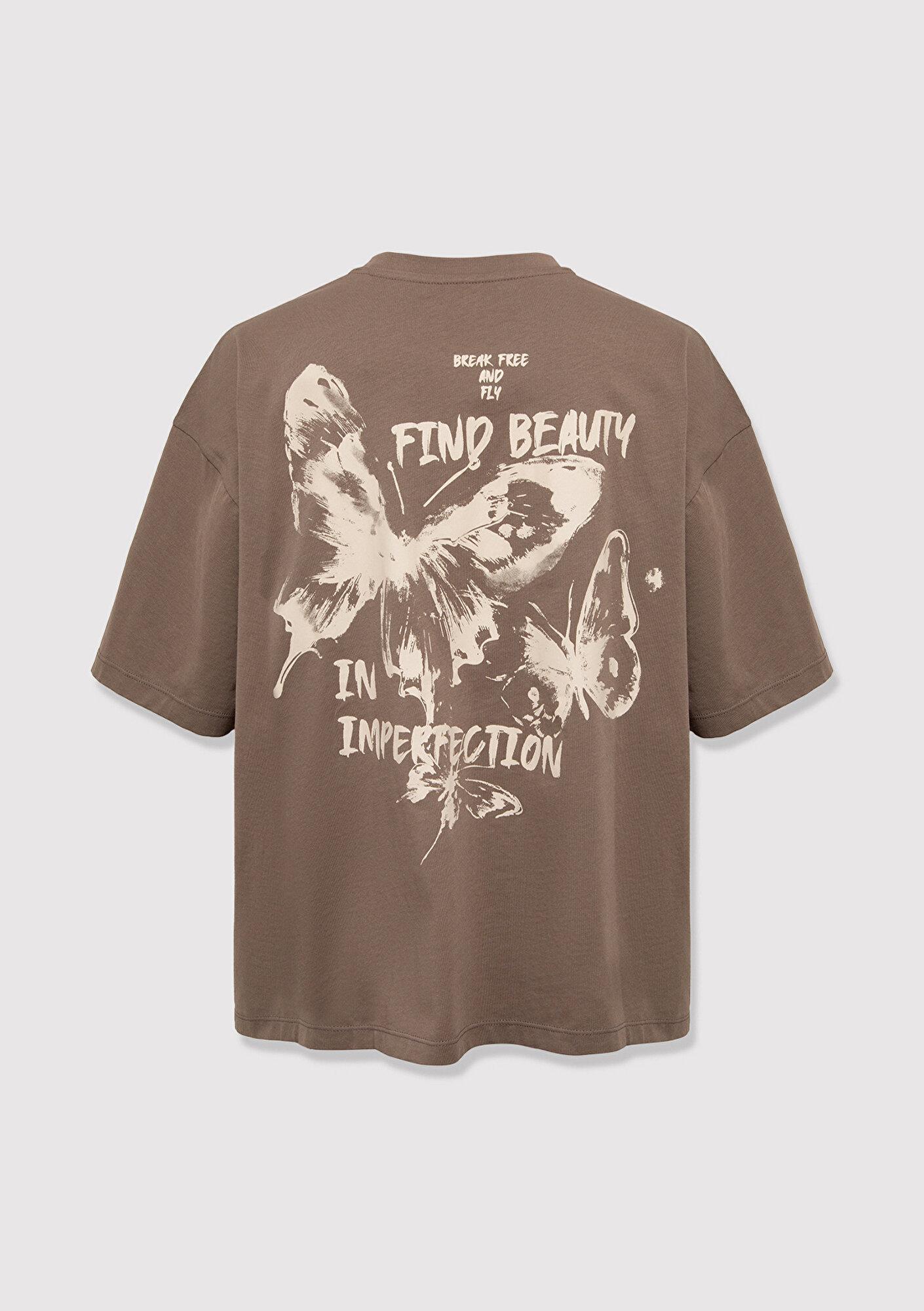 Mavi Kelebek Baskılı Kahverengi Tişört Boxy Fit 1613872-83866