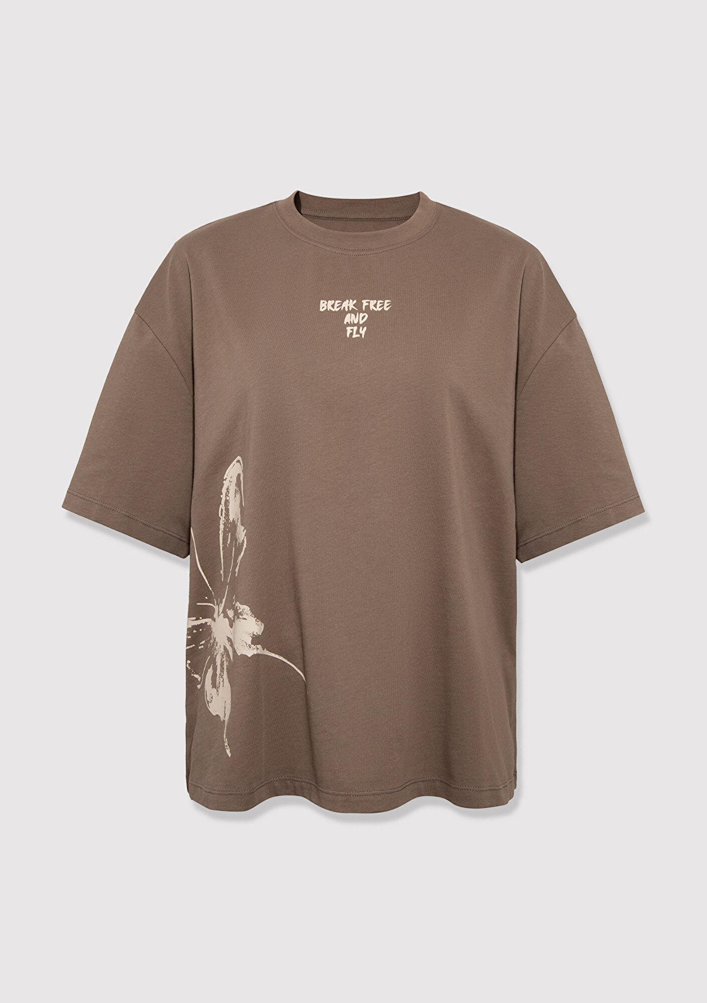 Mavi Kelebek Baskılı Kahverengi Tişört Boxy Fit 1613872-83866