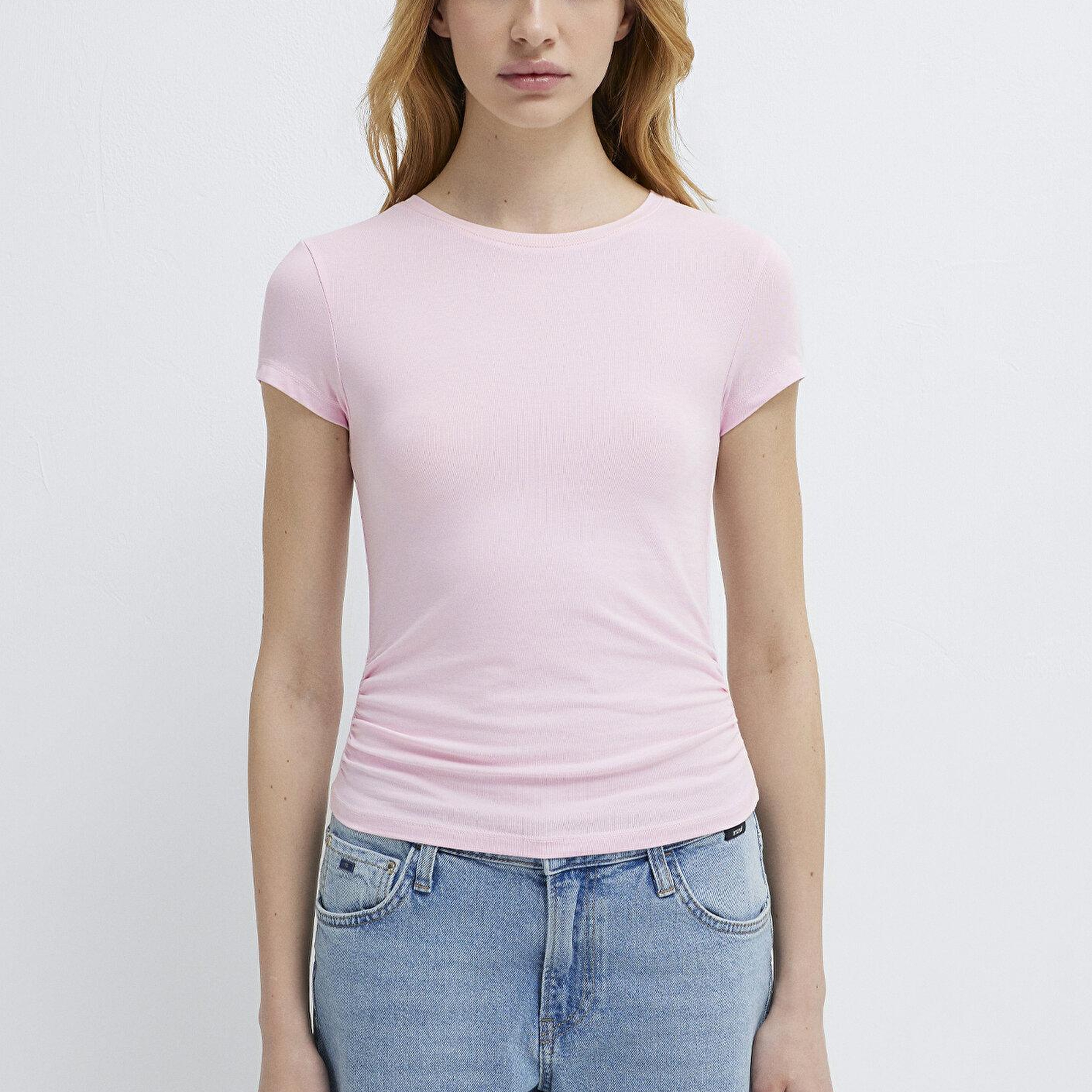 Mavi Pembe Basic Crop Tişört Fitted / Vücuda Oturan Kesim 1613942-89200