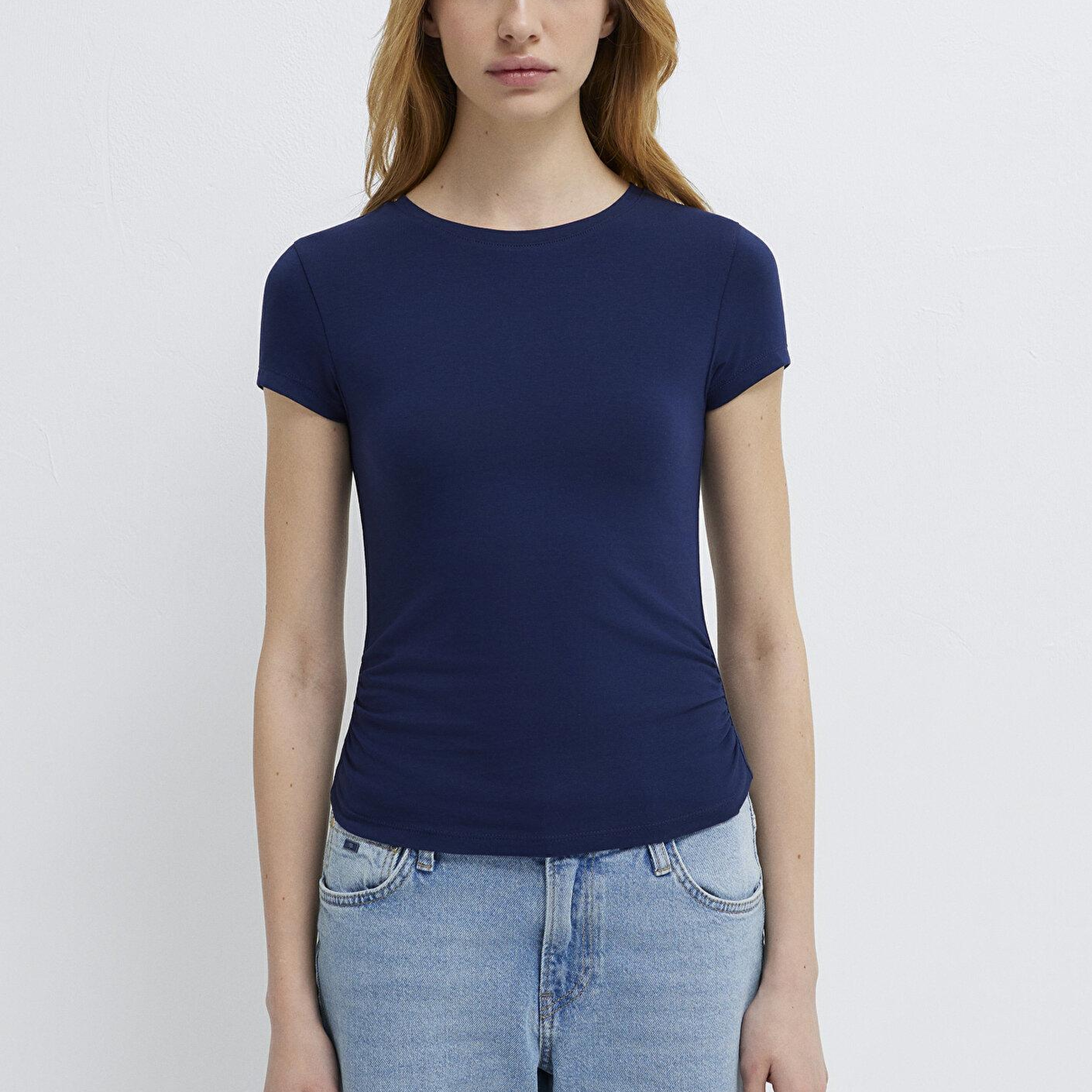 Mavi Lacivert Basic Crop Tişört Fitted / Vücuda Oturan Kesim 1613942-84371