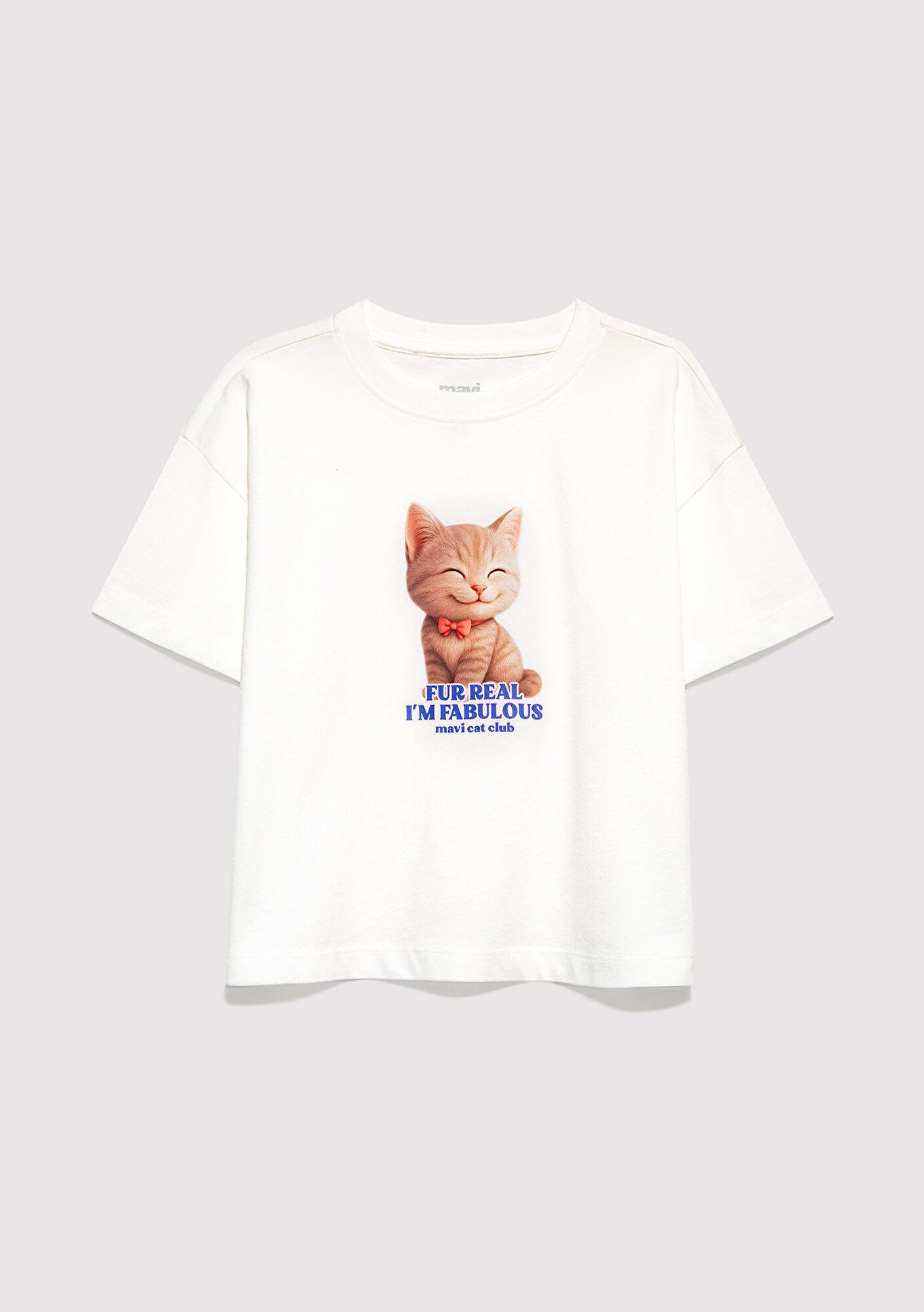 Mavi Kedi Baskılı Ekru Tişört Loose Fit / Bol Rahat Kesim 7610468-70057