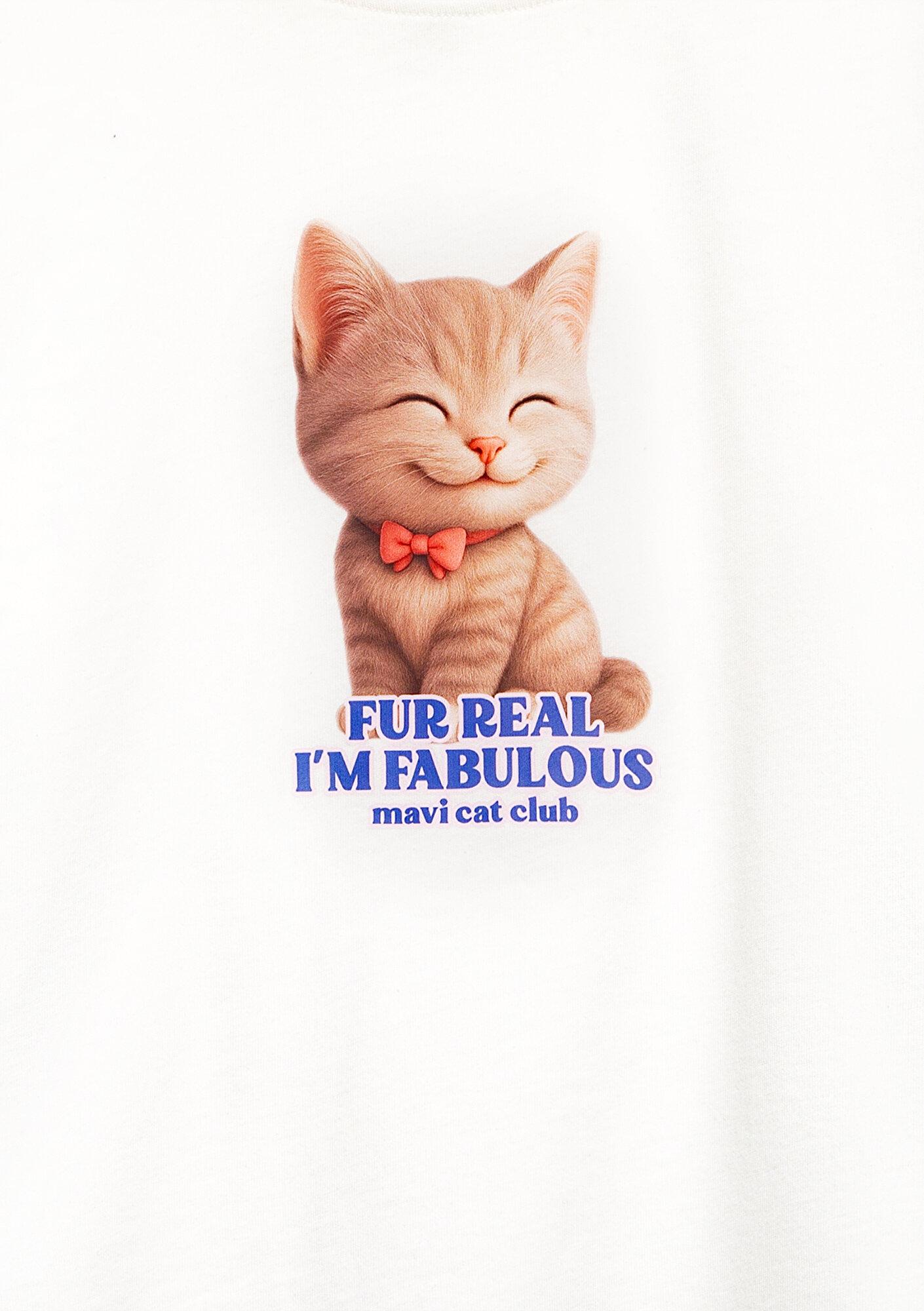 Mavi Kedi Baskılı Ekru Tişört Loose Fit / Bol Rahat Kesim 7610468-70057