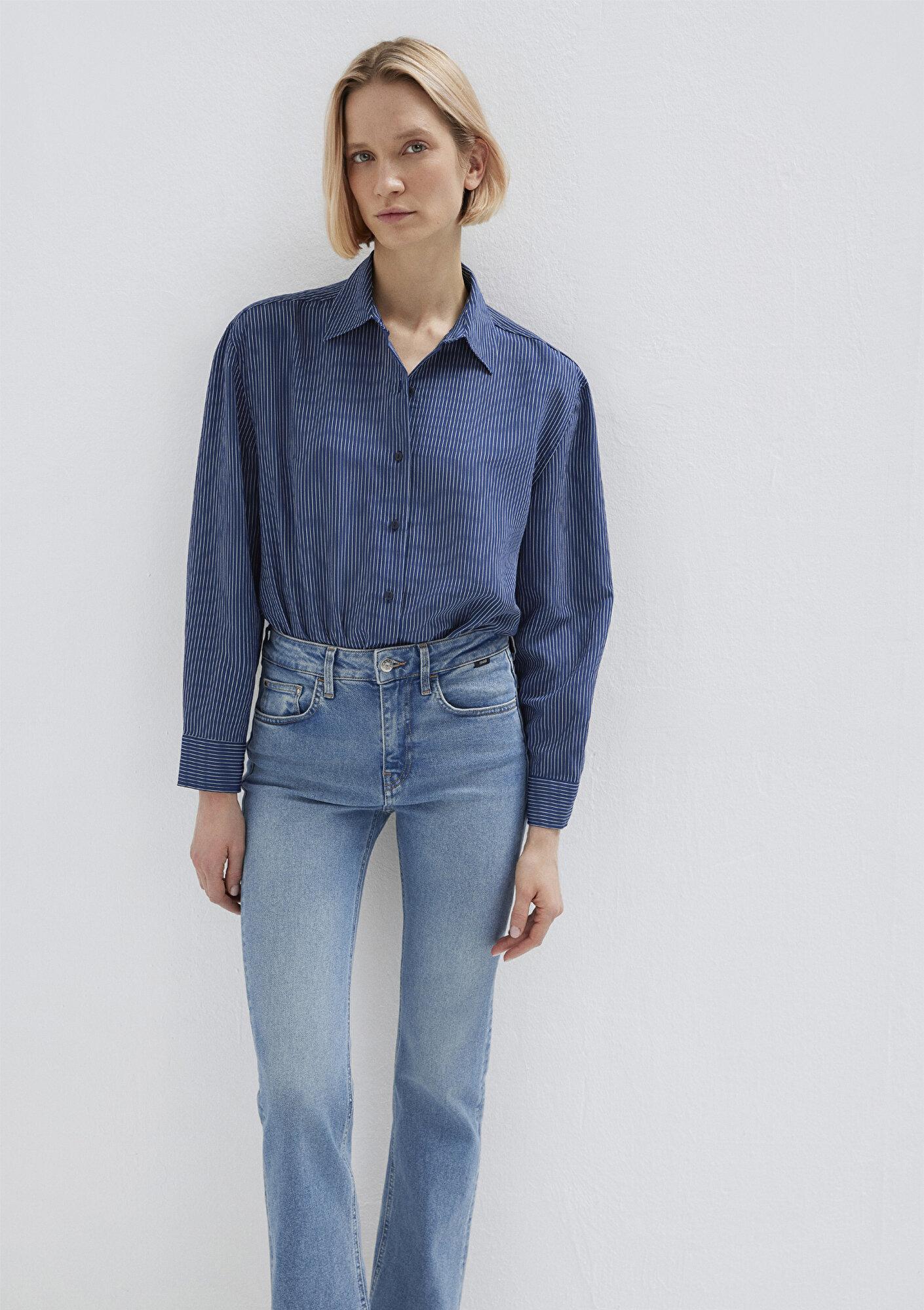 Mavi Çizgili Lacivert Gömlek Loose Fit / Bol Rahat Kesim 1210683-80736