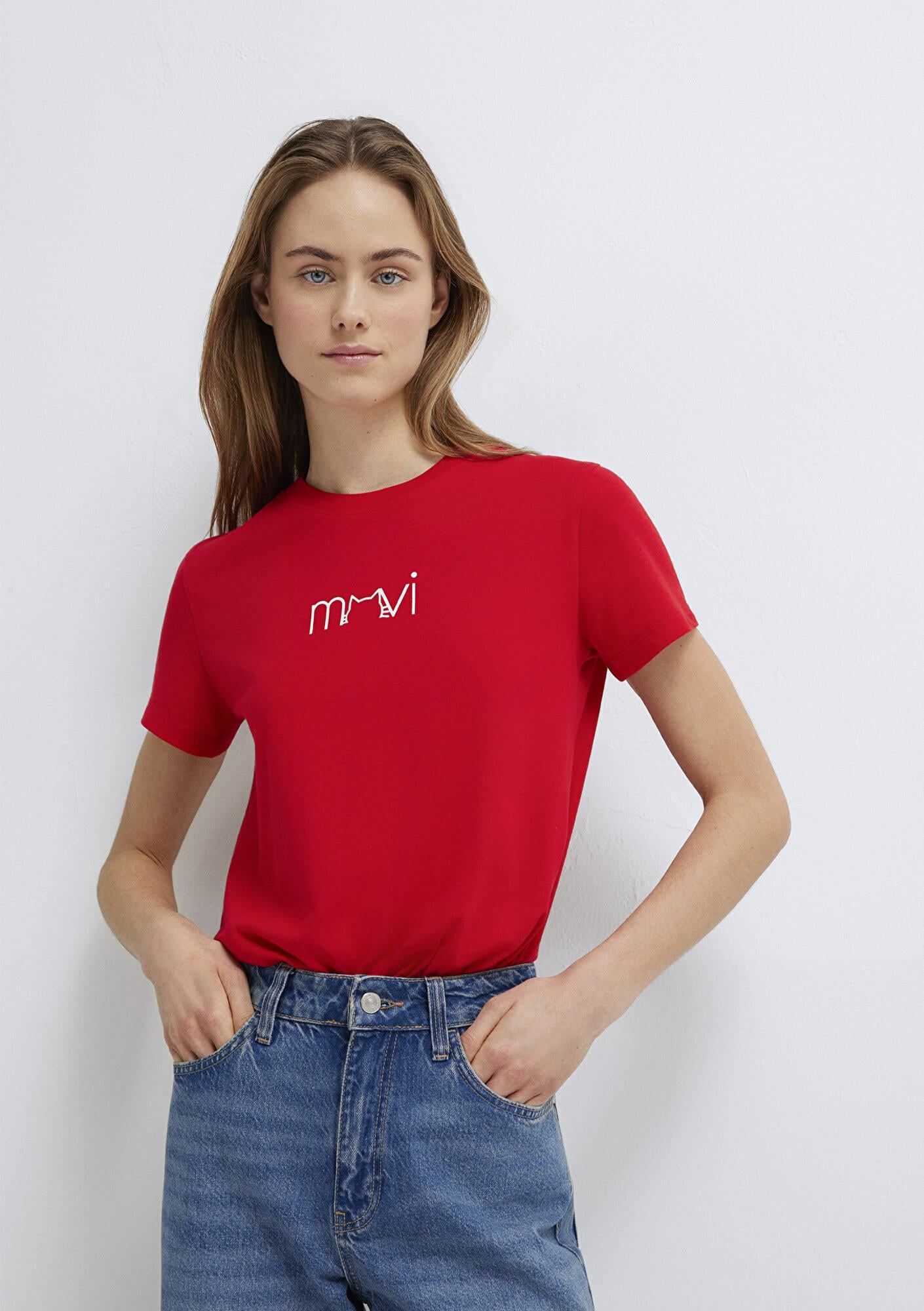 Mavi Mavi Kedi Baskılı Kırmızı Tişört Semi Slim Fit / Yarı Dar Kesim 1613387-82054