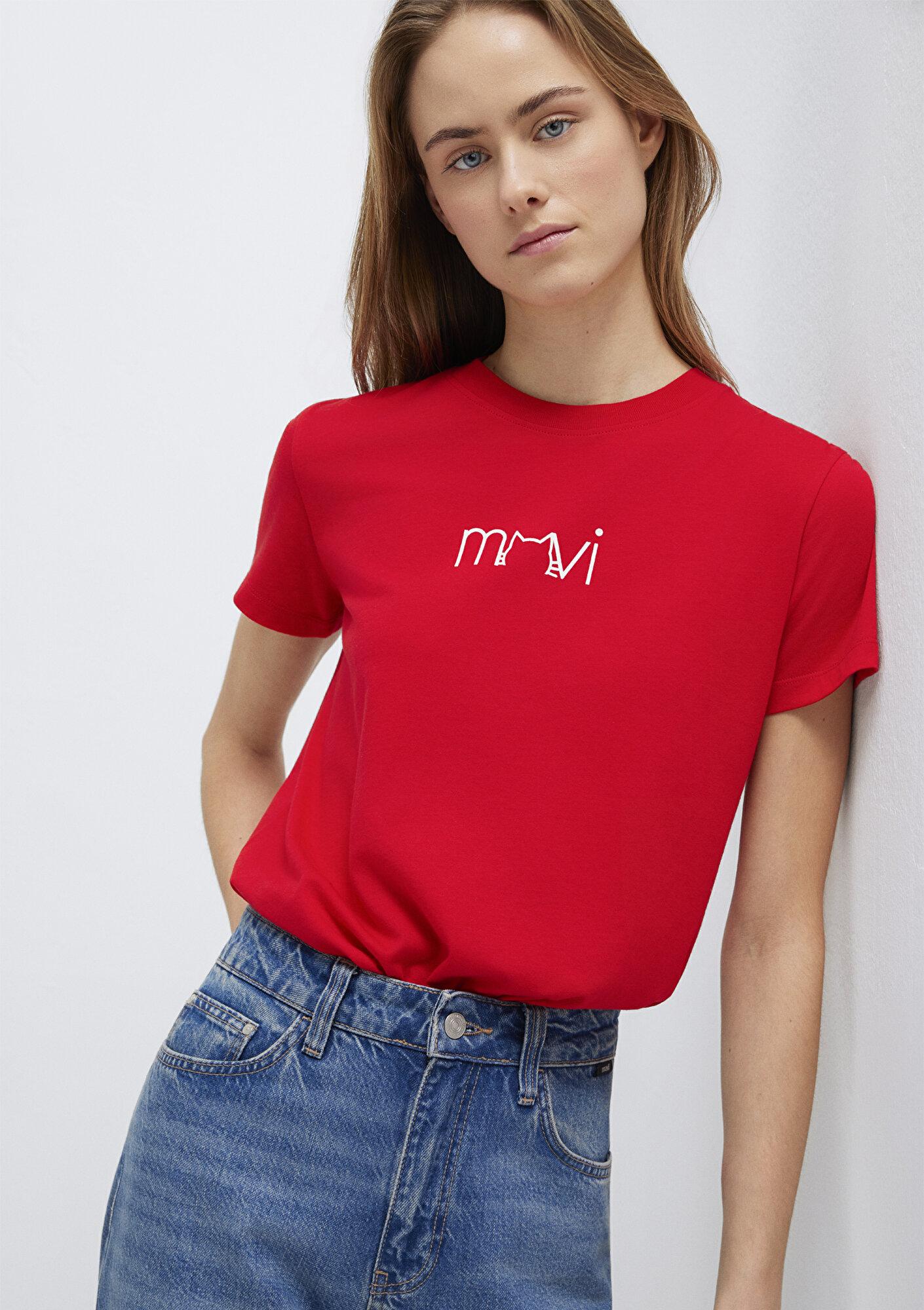 Mavi Mavi Kedi Baskılı Kırmızı Tişört Semi Slim Fit / Yarı Dar Kesim 1613387-82054