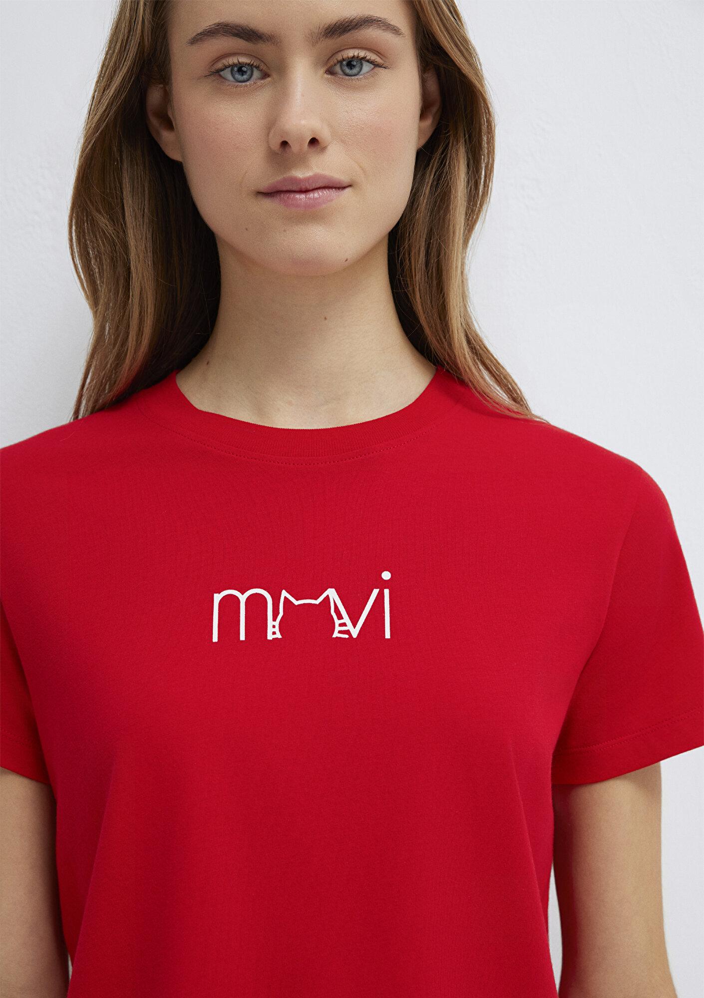 Mavi Mavi Kedi Baskılı Kırmızı Tişört Semi Slim Fit / Yarı Dar Kesim 1613387-82054