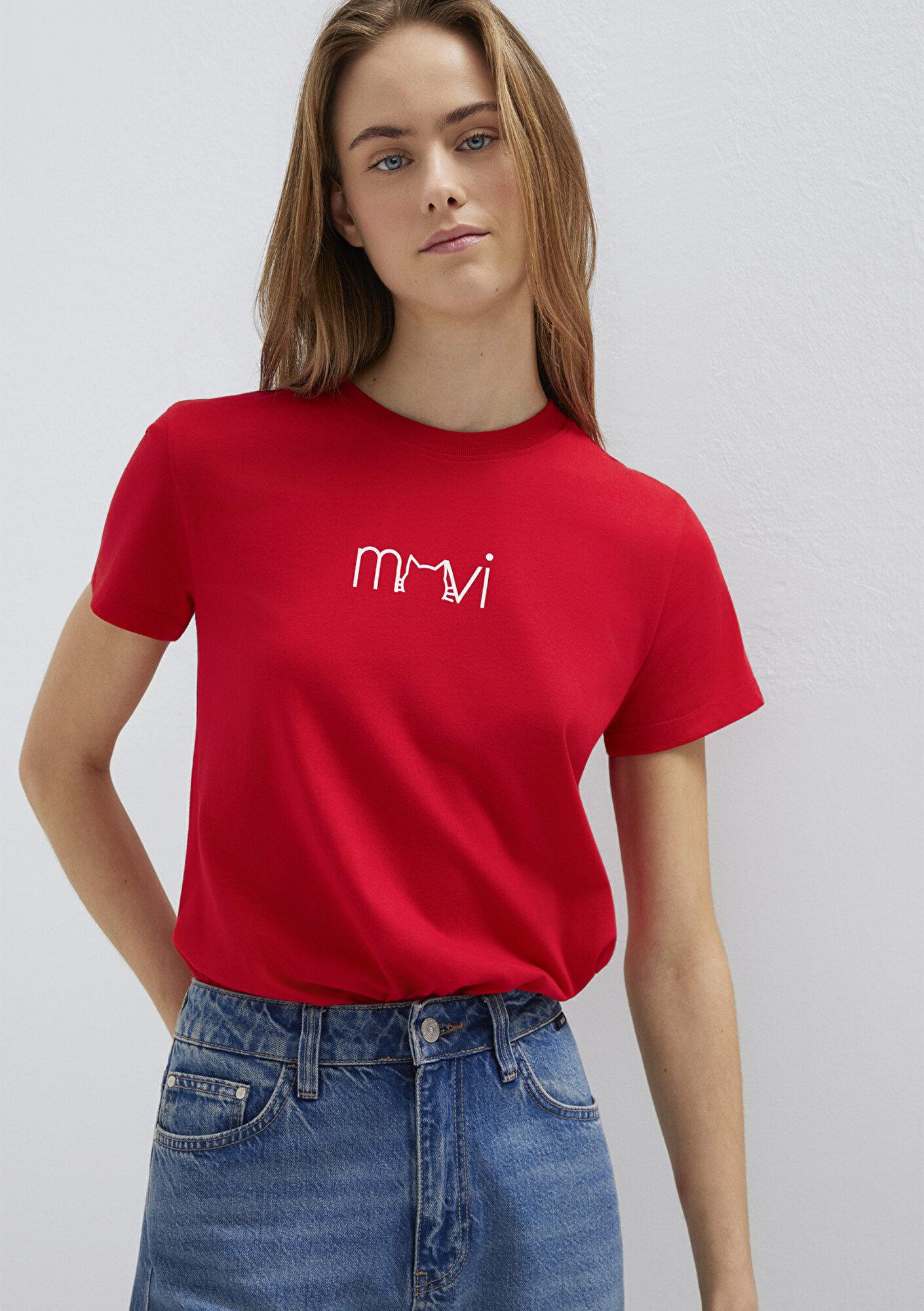 Mavi Mavi Kedi Baskılı Kırmızı Tişört Semi Slim Fit / Yarı Dar Kesim 1613387-82054