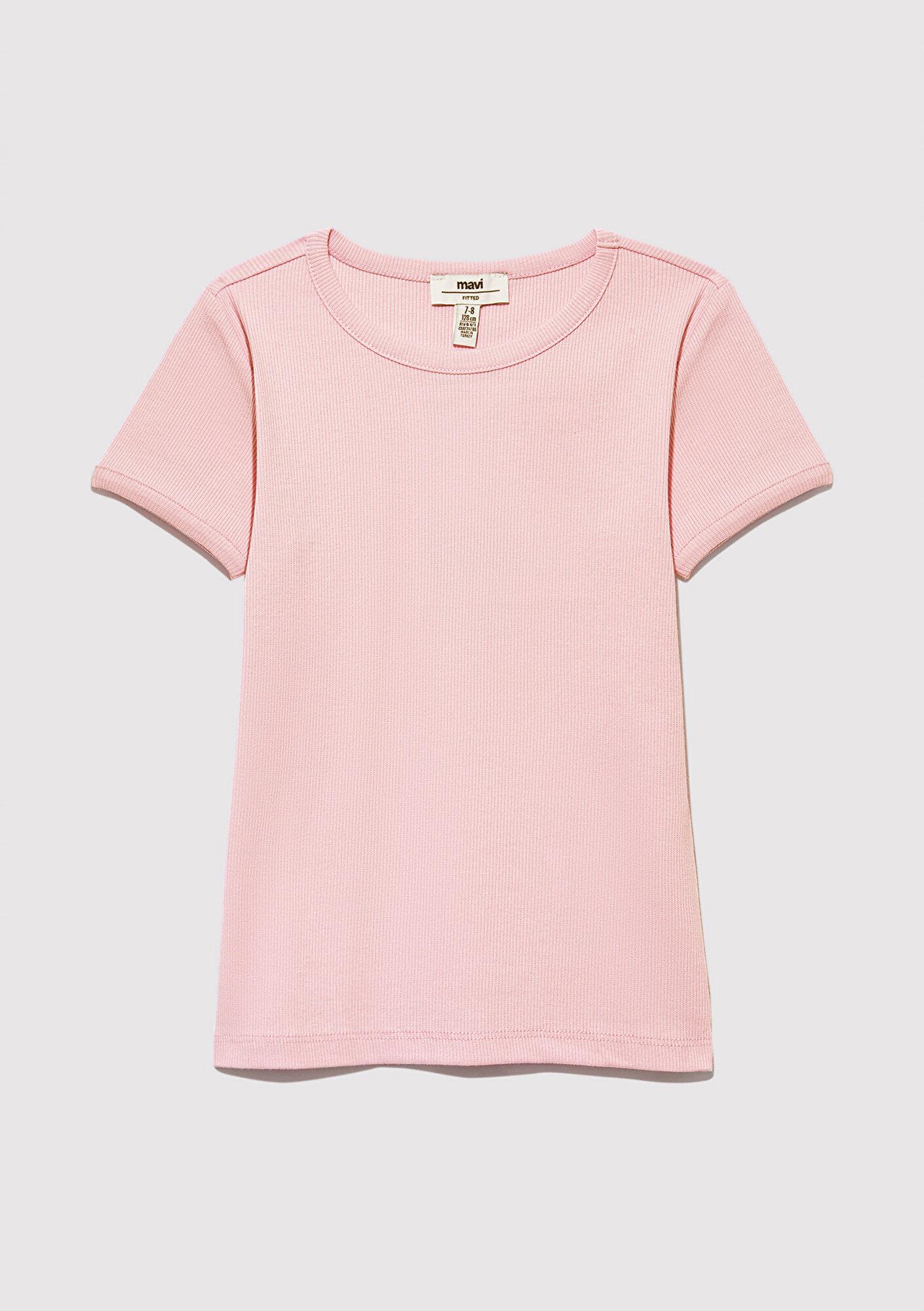 Mavi Fitilli Pembe Basic Tişört Fitted / Vücuda Oturan Kesim 7610260-86953