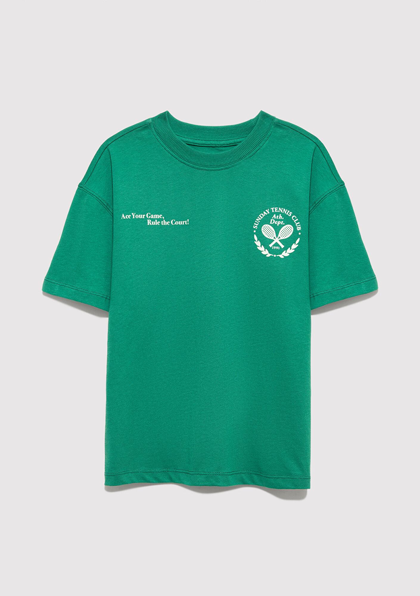 Mavi Tenis Baskılı Yeşil Tişört Oversize / Geniş Kesim 6610401-71697