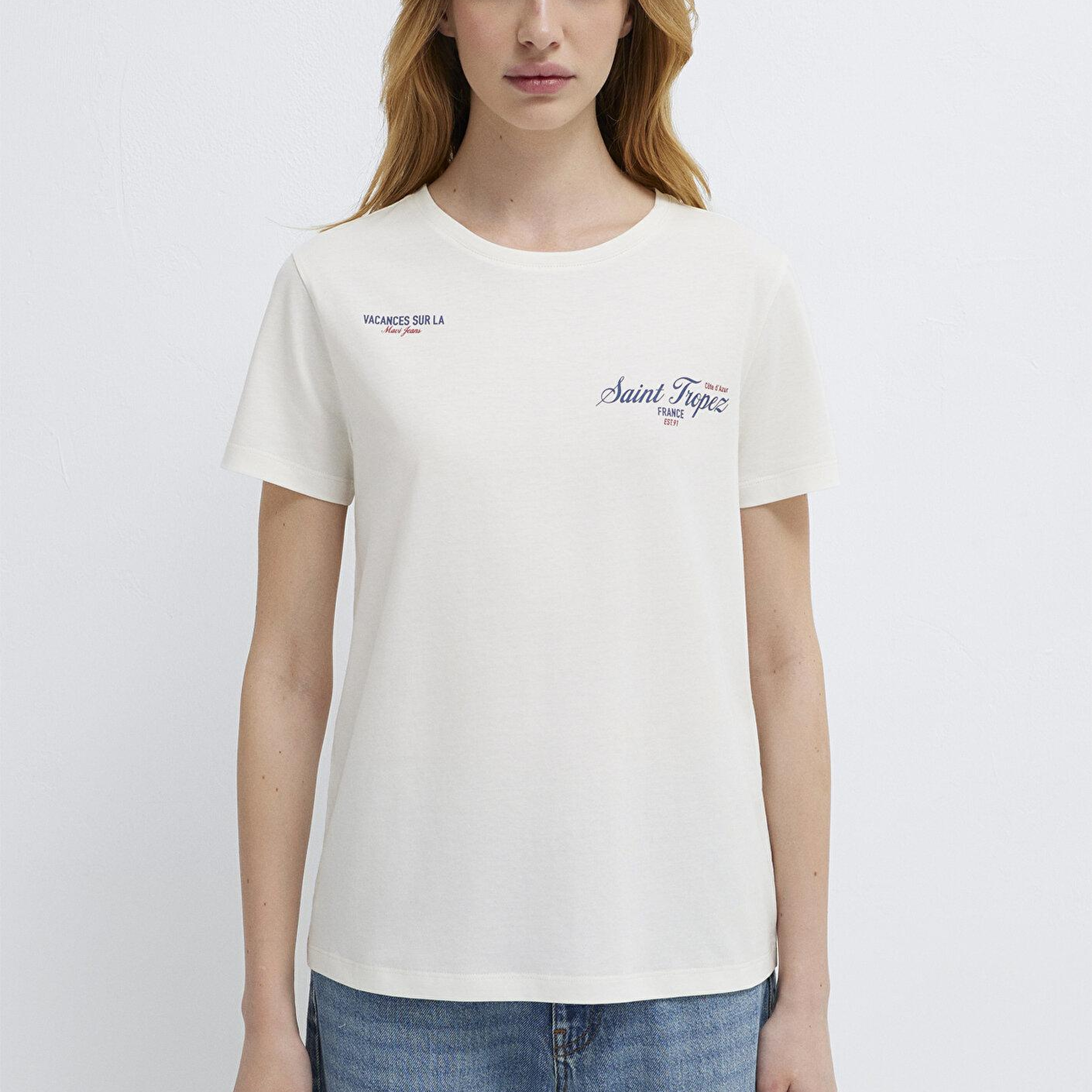Mavi Saint Tropez Baskılı Ekru Tişört Semi Slim Fit / Yarı Dar Kesim 1613891-80194