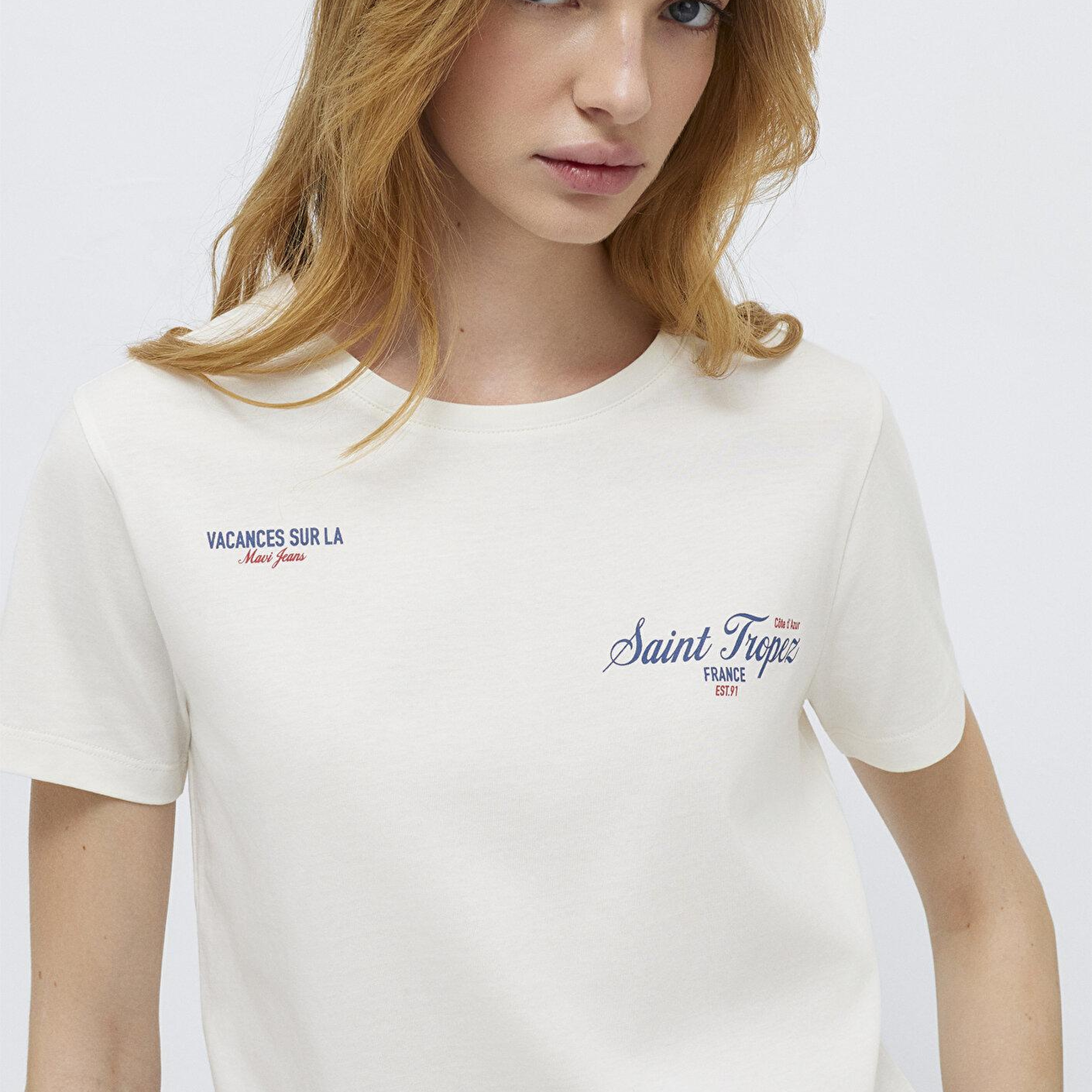 Mavi Saint Tropez Baskılı Ekru Tişört Semi Slim Fit / Yarı Dar Kesim 1613891-80194