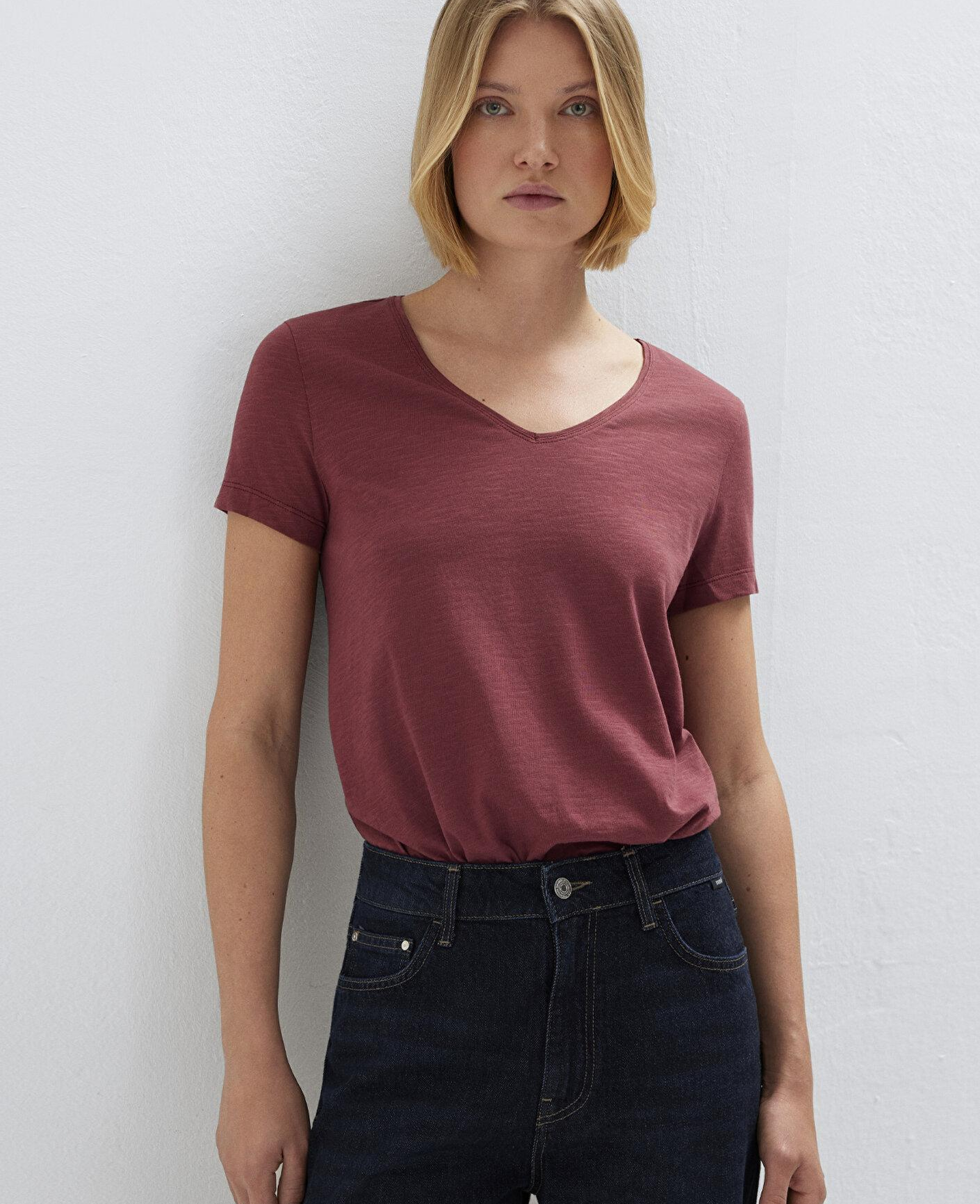 Mavi V Yaka Bordo Basic Tişört Slim Fit / Dar Kesim 1614176-70412