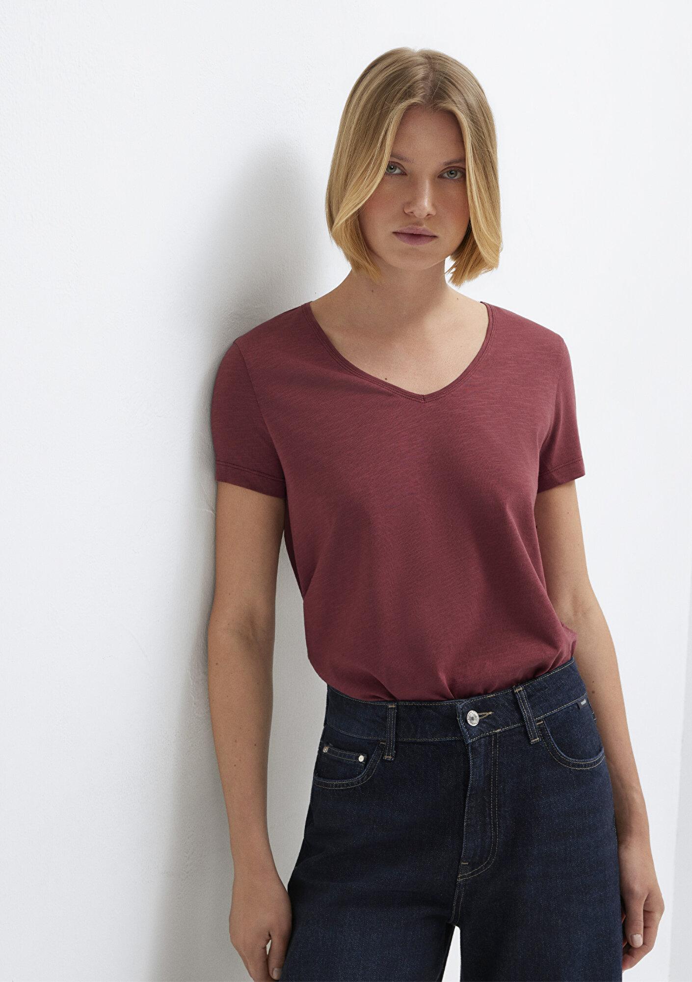 Mavi V Yaka Bordo Basic Tişört Slim Fit / Dar Kesim 1614176-70412