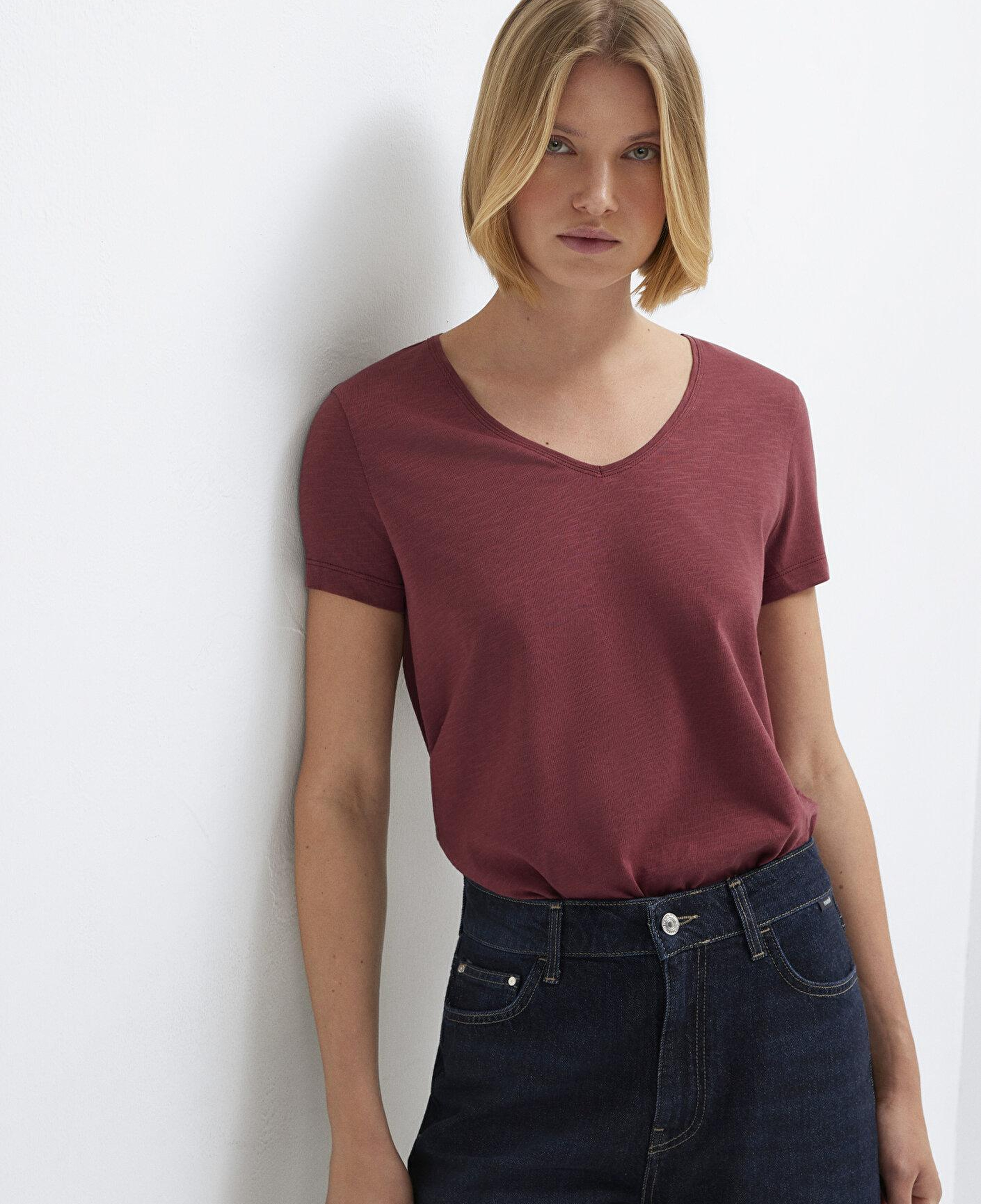 Mavi V Yaka Bordo Basic Tişört Slim Fit / Dar Kesim 1614176-70412