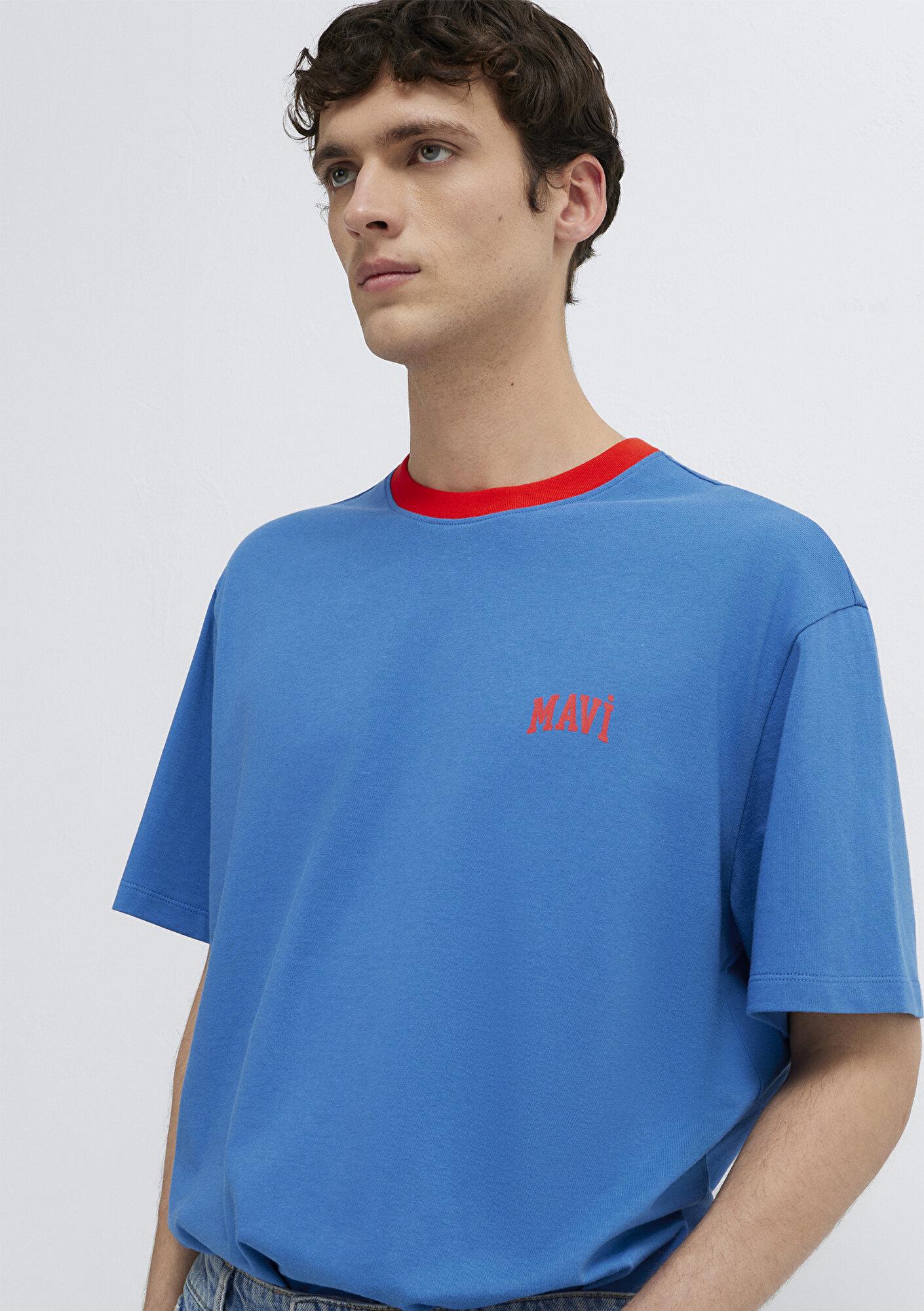 Mavi Mavi Logo Baskılı Biye Detaylı Mavi Tişört Loose Fit / Bol Rahat Kesim 0613557-91761