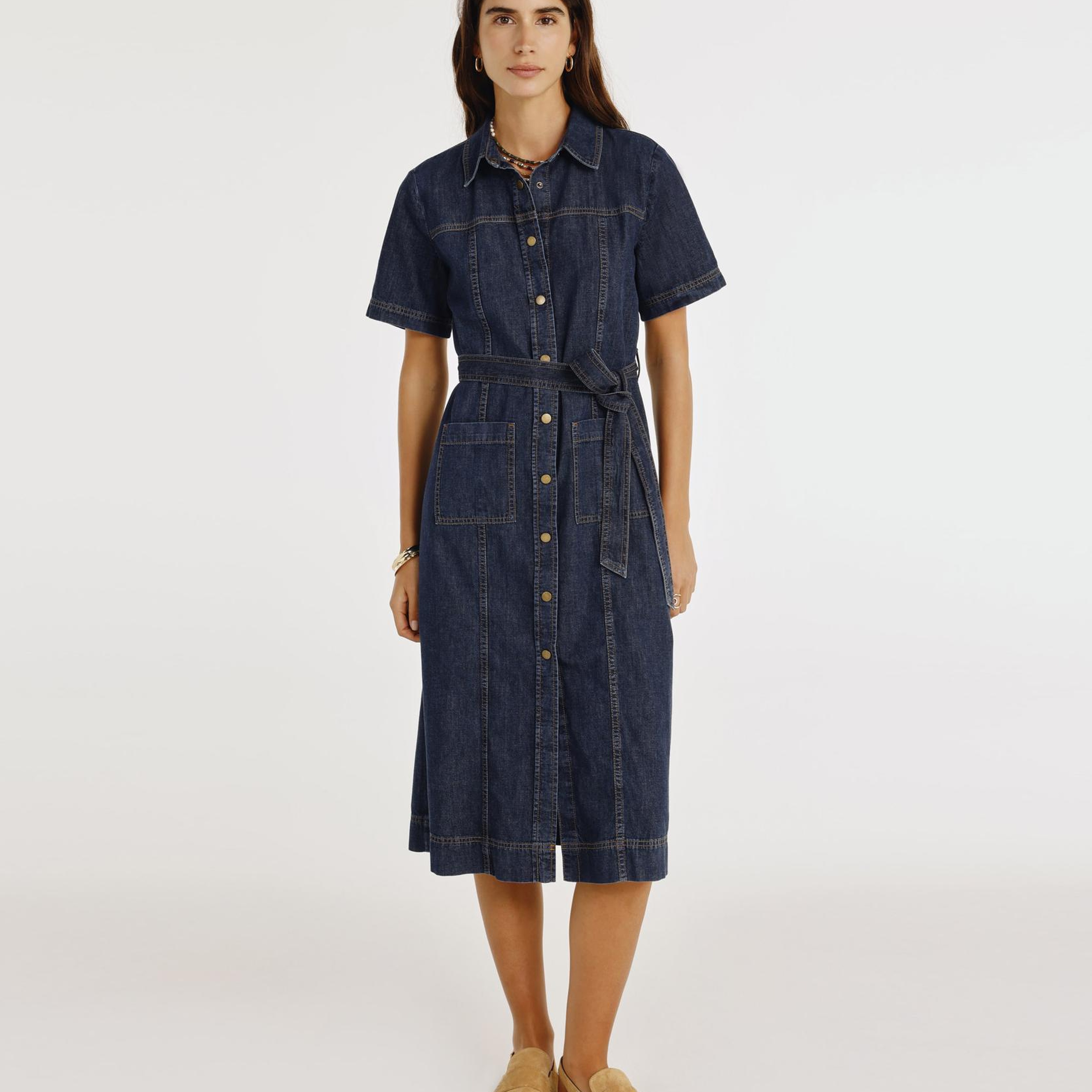 YARGICI Kemerli Kısa Kollu Midi Boy Denim Elbise