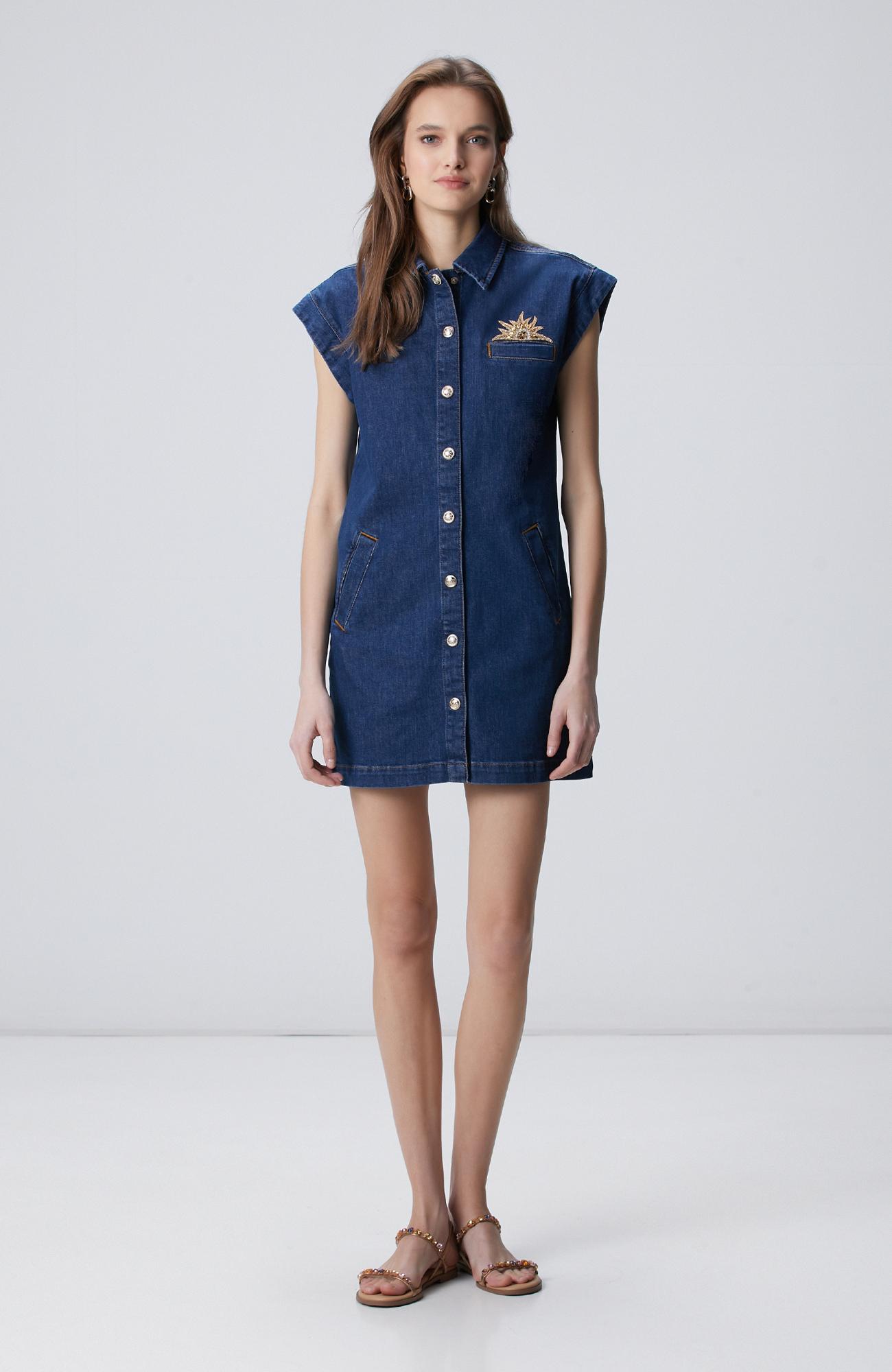Network Kadın Koyu Indigo Mavi Patch Detaylı Mini Denim Elbise