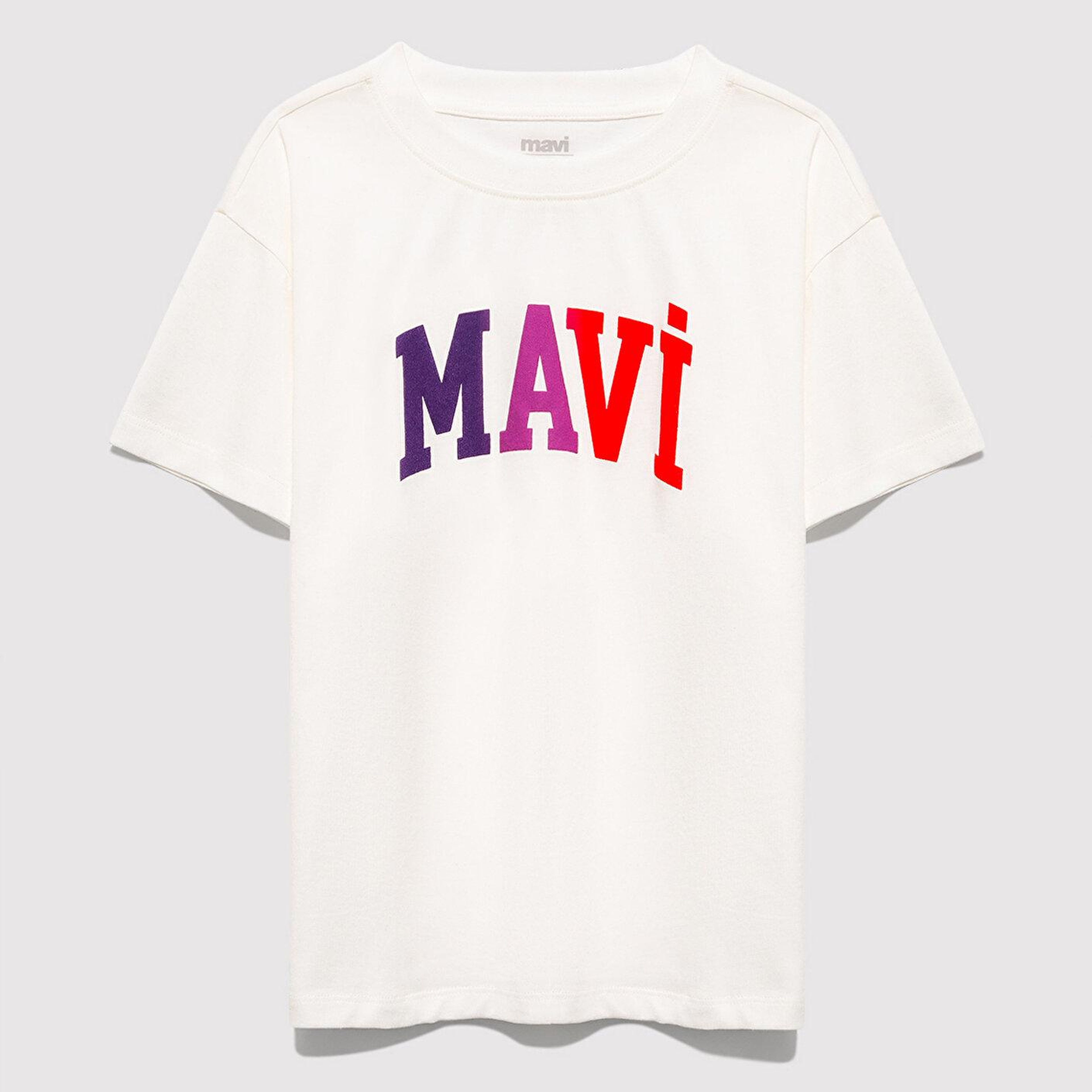 Mavi Mavi Logo Baskılı Ekru Tişört Loose Fit / Bol Rahat Kesim 7610425-70057