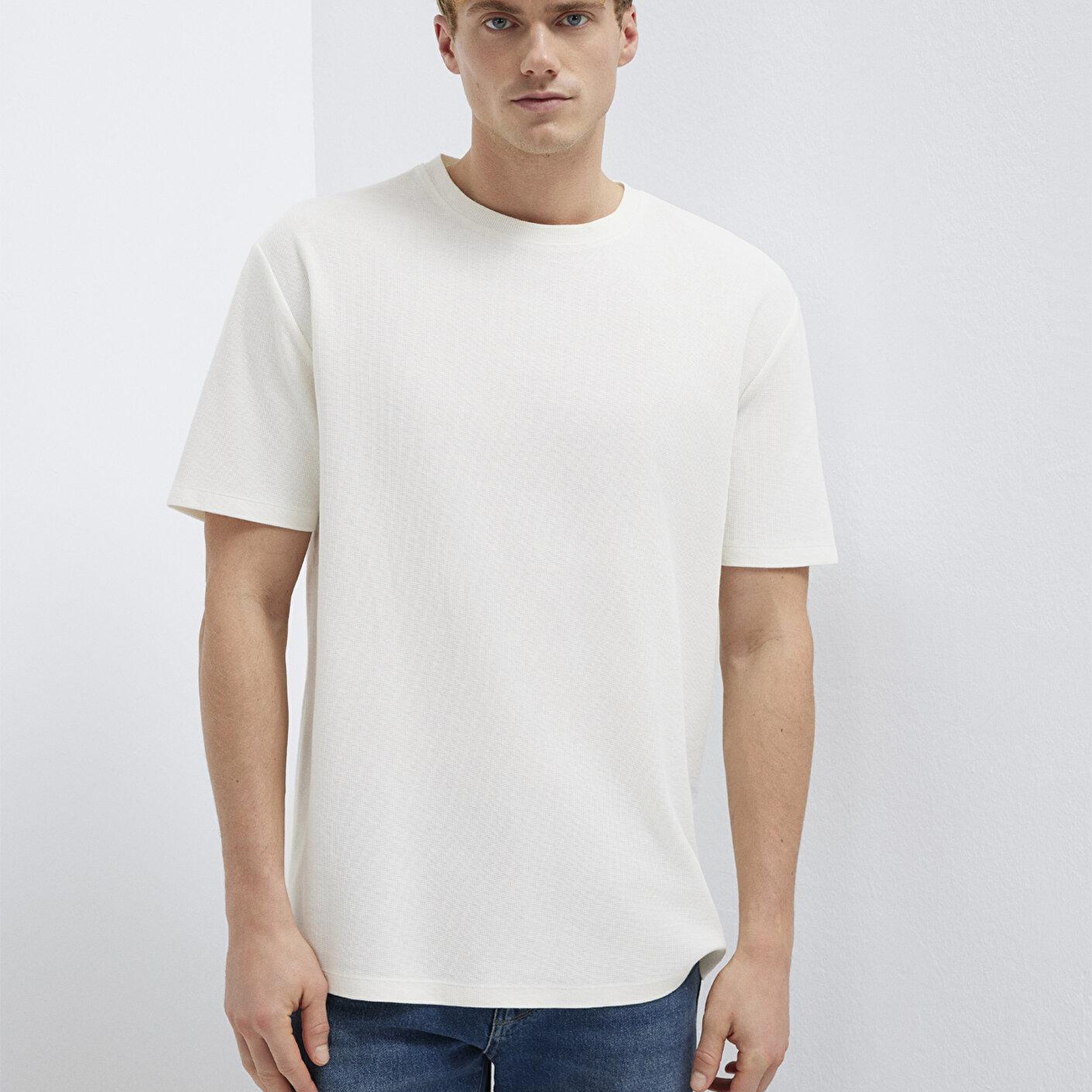 Mavi Ekru Basic Tişört Loose Fit / Bol Rahat Kesim 0613153-70056