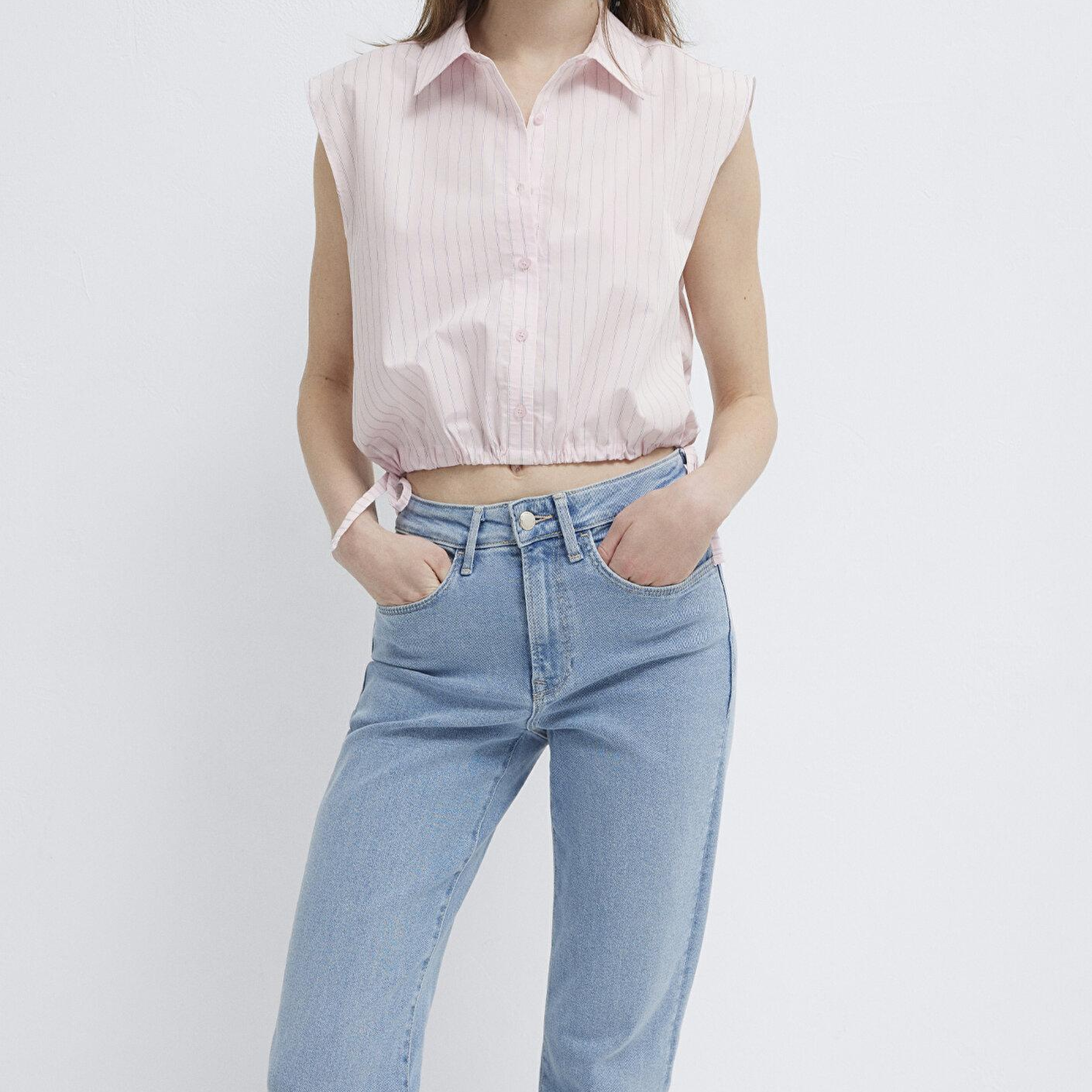 Mavi Çizgili Pembe Crop Bluz 1211472-91599