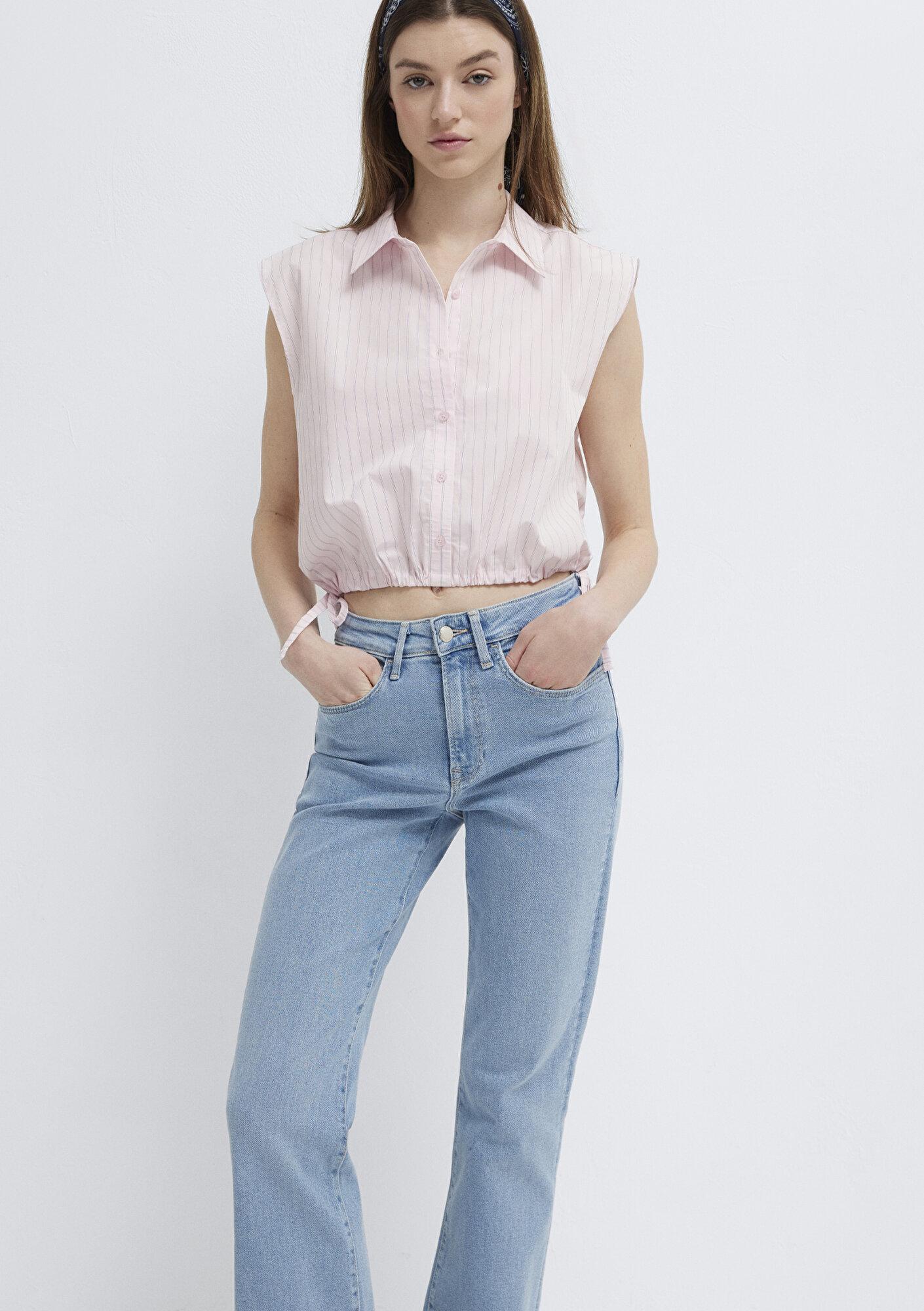 Mavi Çizgili Pembe Crop Bluz 1211472-91599