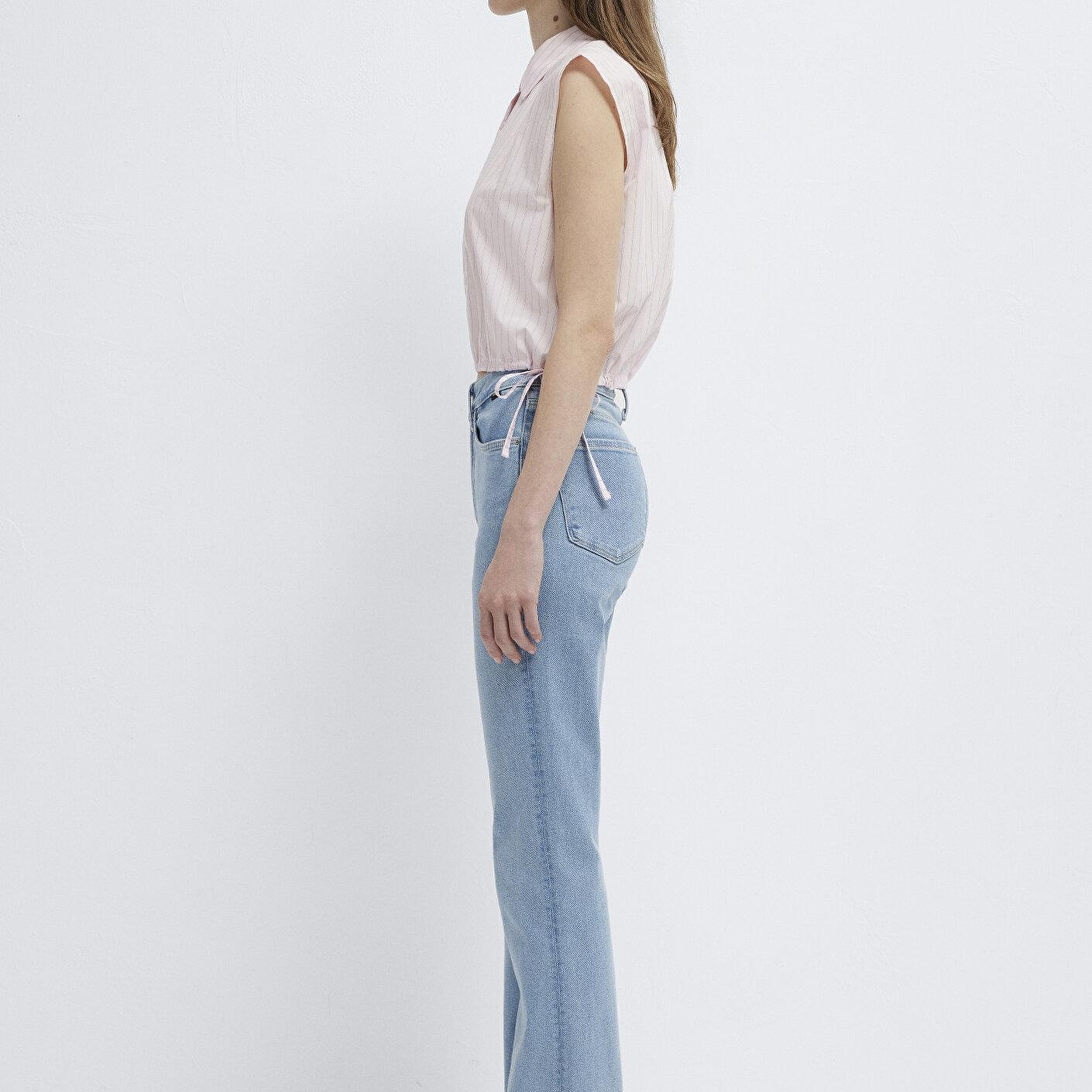 Mavi Çizgili Pembe Crop Bluz 1211472-91599