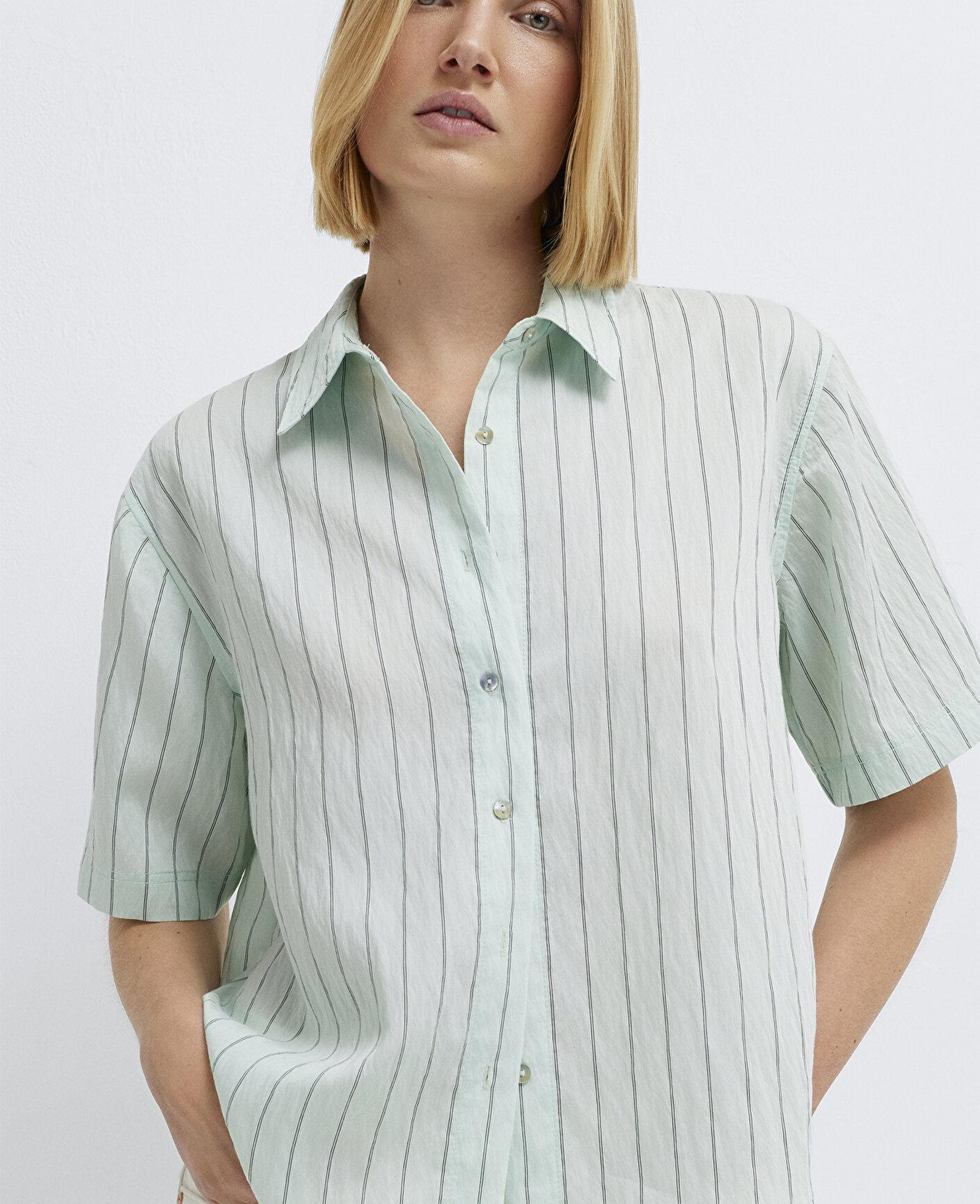 Mavi Çizgili Yeşil Crop Gömlek Loose Fit / Bol Rahat Kesim 1211459-91506