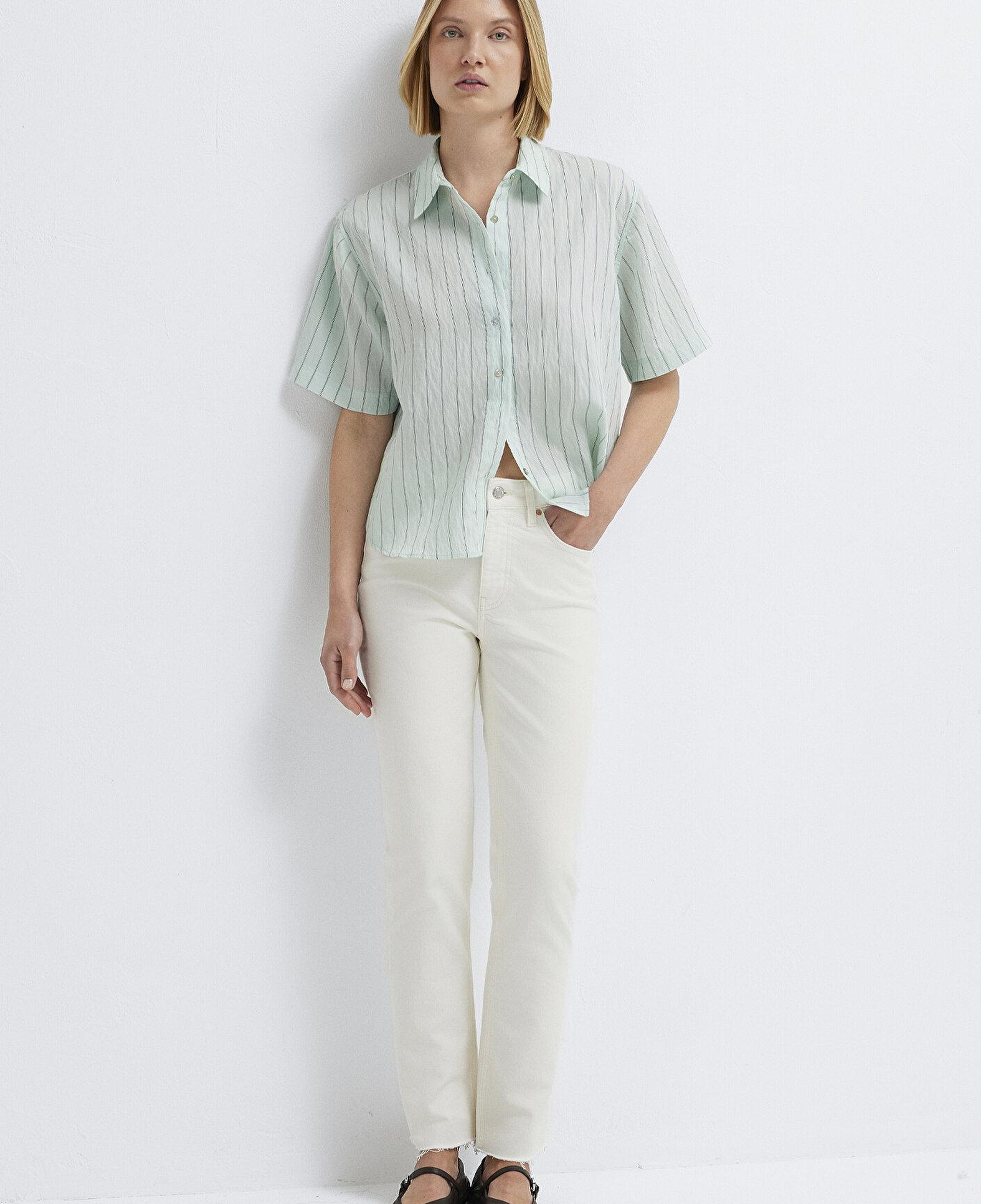 Mavi Çizgili Yeşil Crop Gömlek Loose Fit / Bol Rahat Kesim 1211459-91506