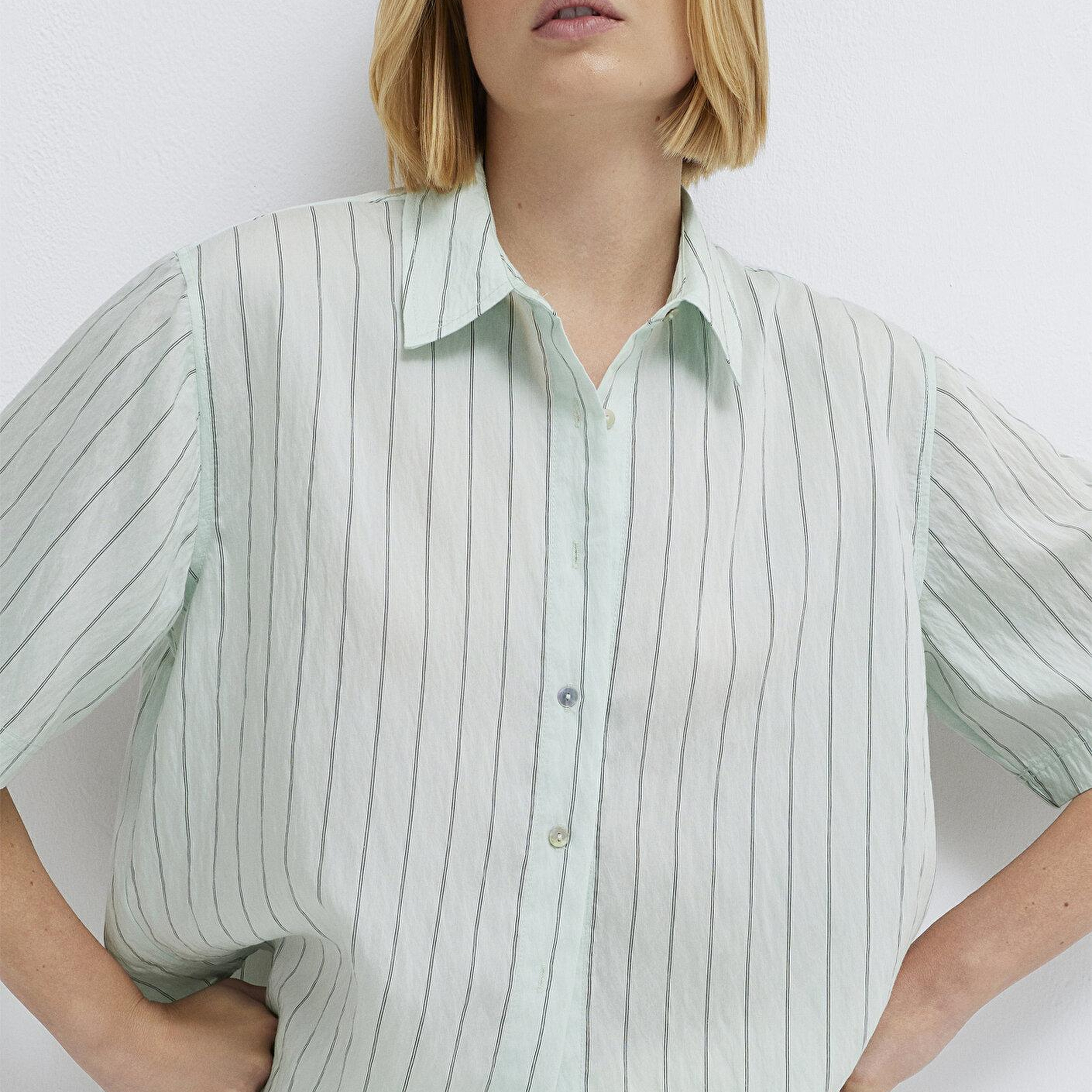 Mavi Çizgili Yeşil Crop Gömlek Loose Fit / Bol Rahat Kesim 1211459-91506