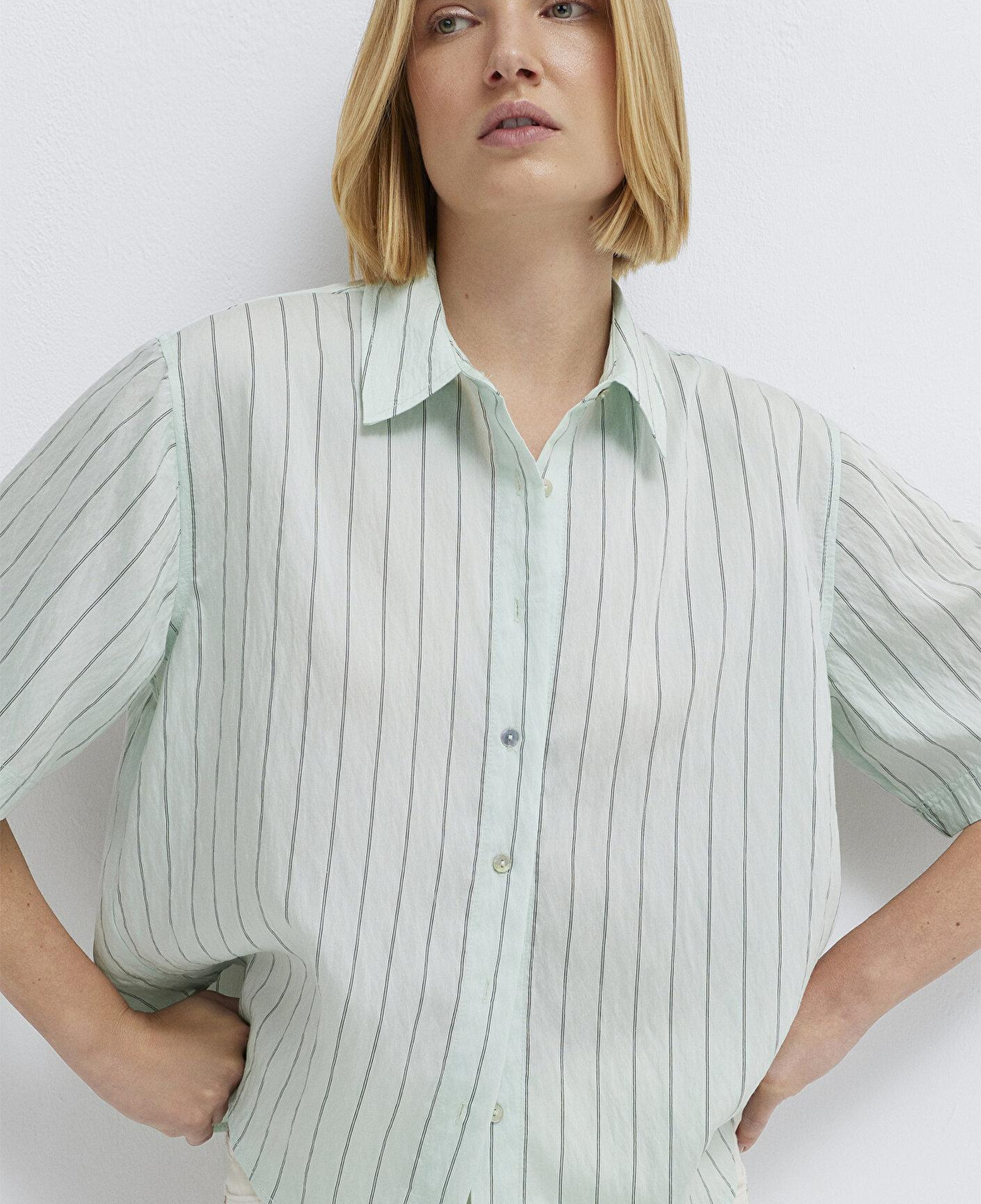 Mavi Çizgili Yeşil Crop Gömlek Loose Fit / Bol Rahat Kesim 1211459-91506