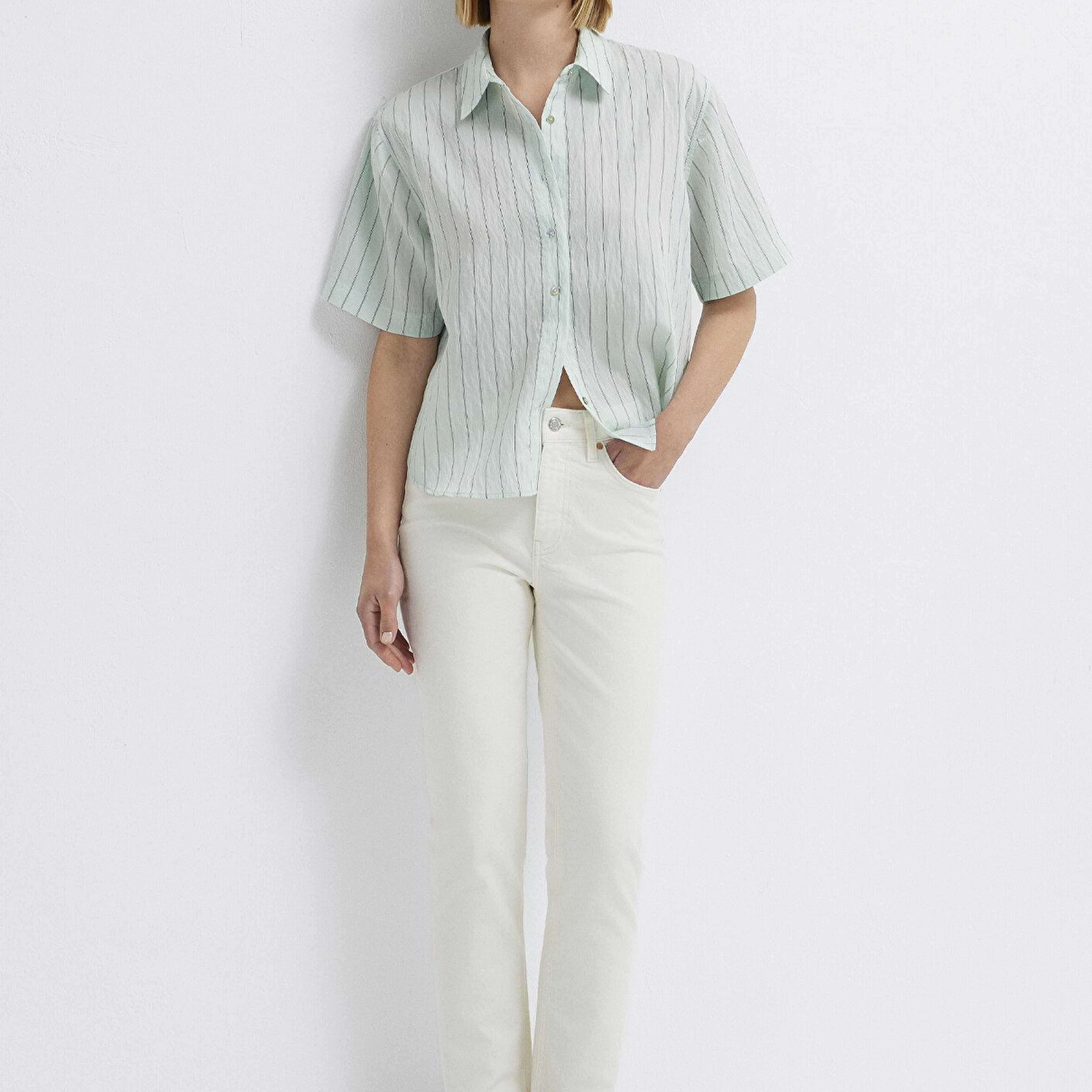 Mavi Çizgili Yeşil Crop Gömlek Loose Fit / Bol Rahat Kesim 1211459-91506