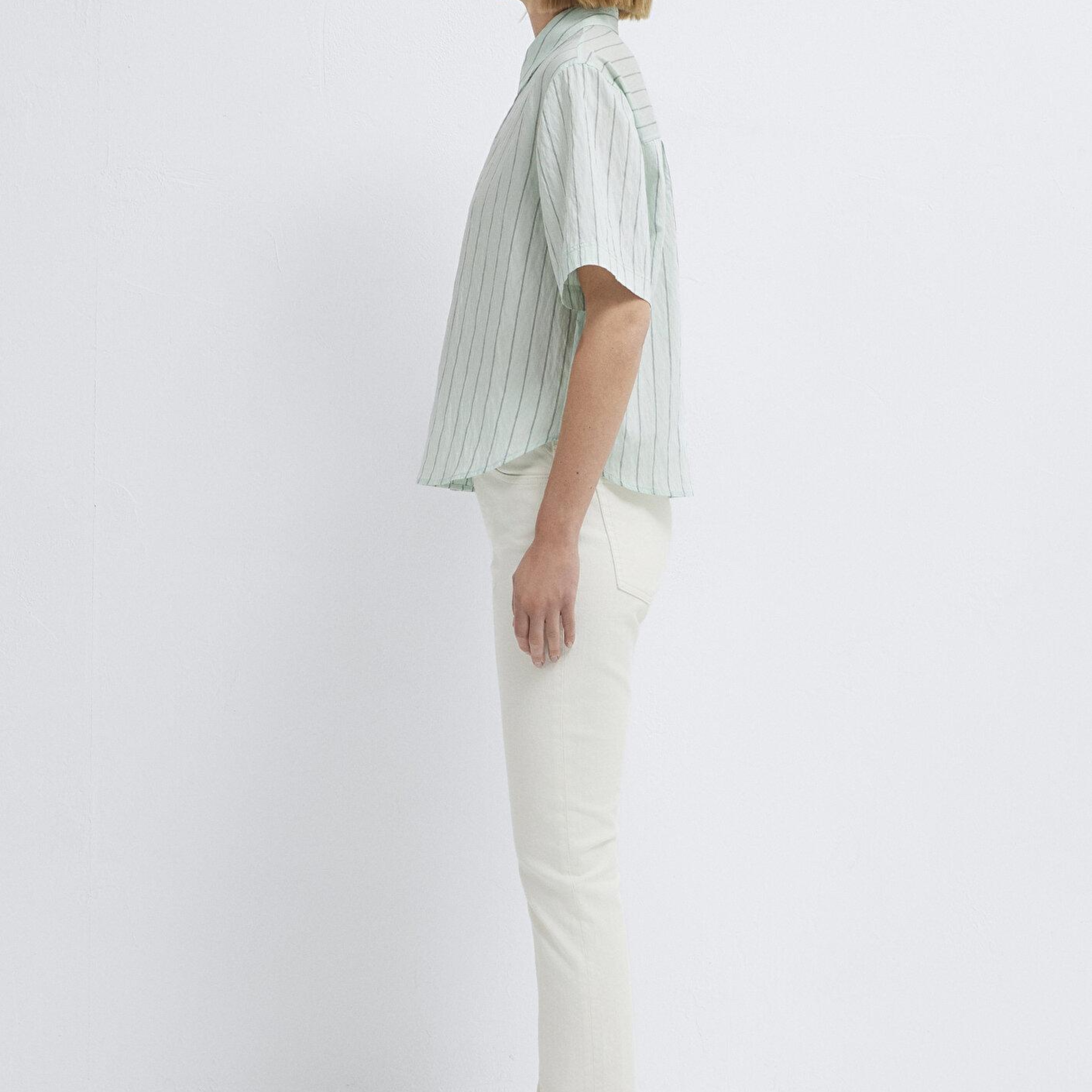 Mavi Çizgili Yeşil Crop Gömlek Loose Fit / Bol Rahat Kesim 1211459-91506
