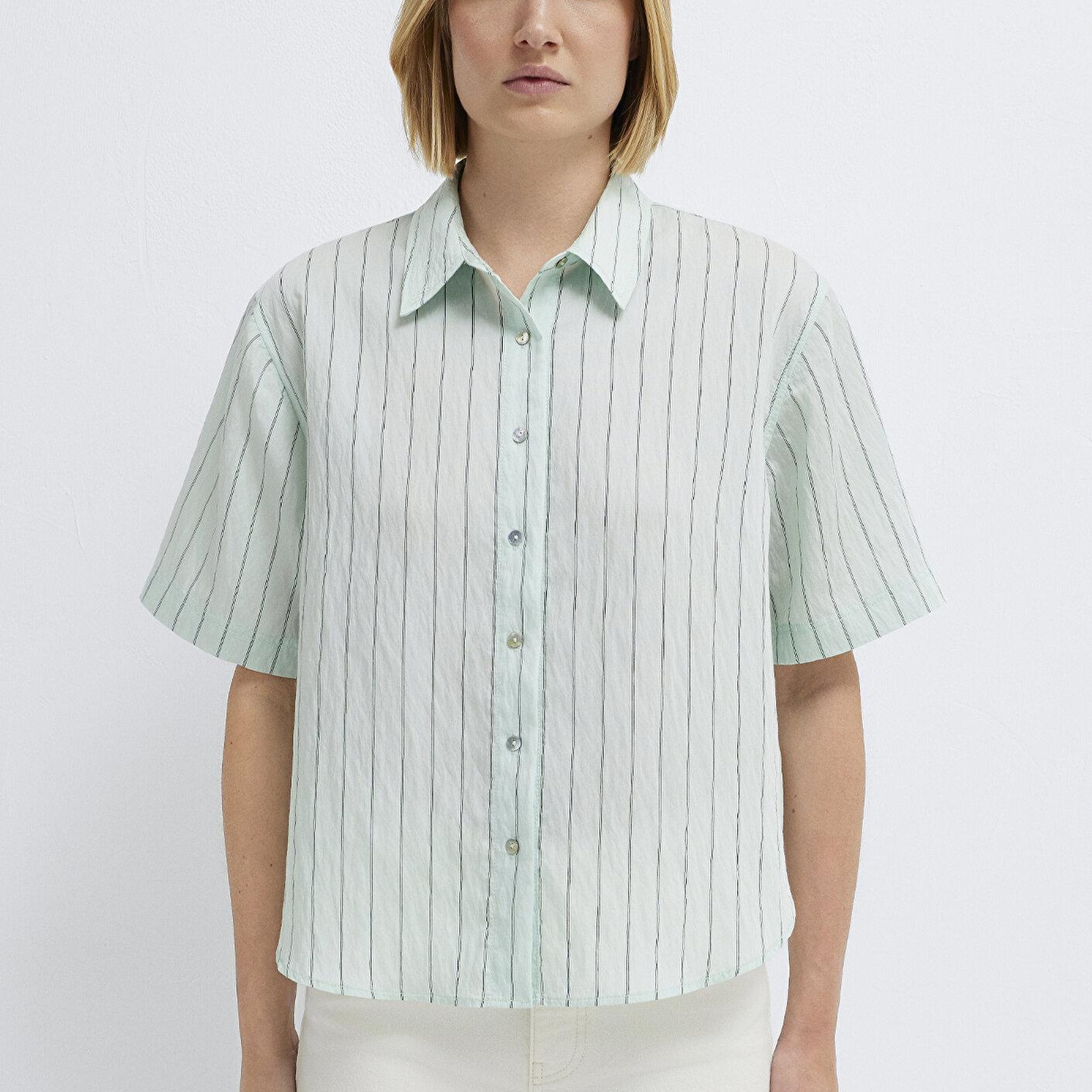 Mavi Çizgili Yeşil Crop Gömlek Loose Fit / Bol Rahat Kesim 1211459-91506
