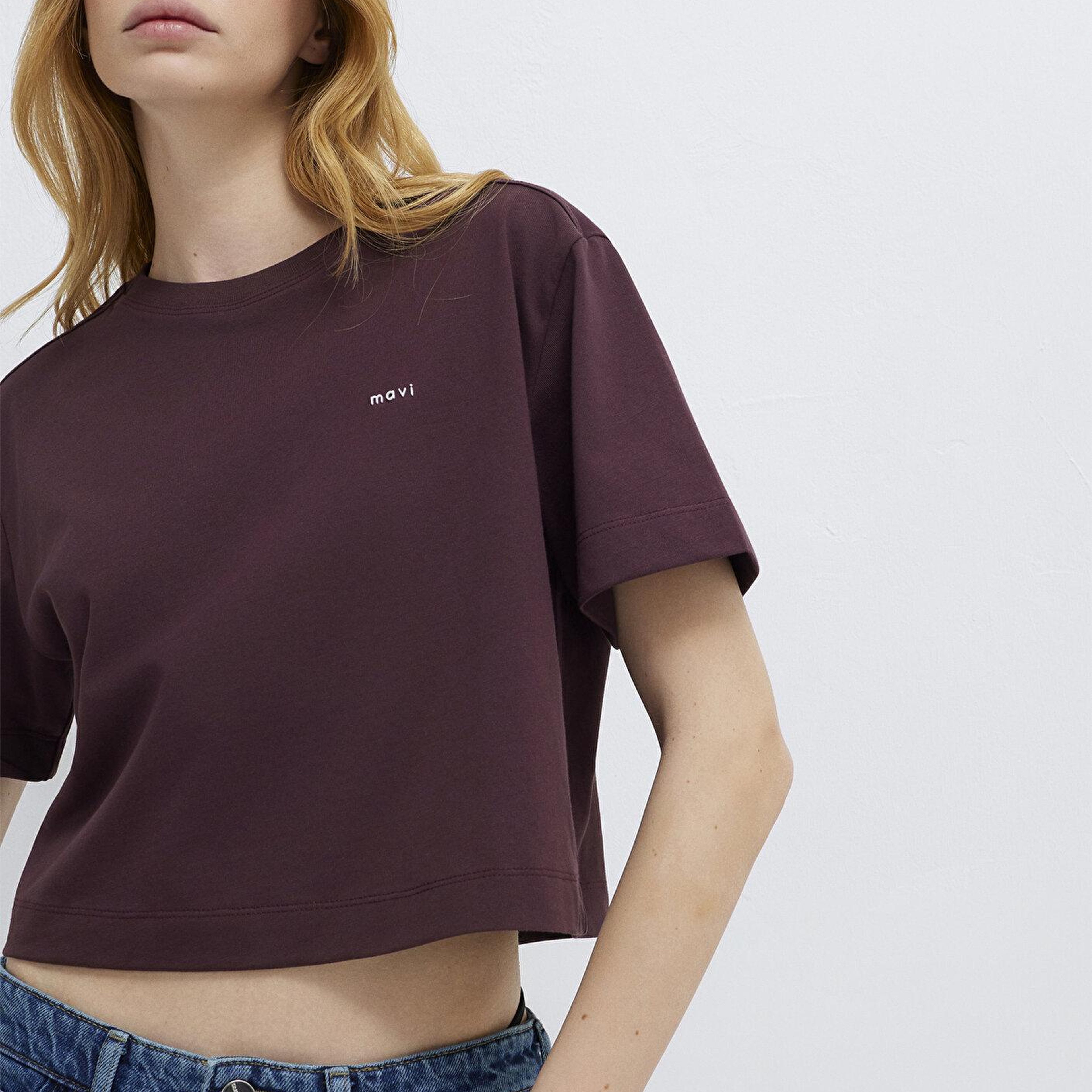Mavi Mavi Logo Baskılı Bordo Tişört Crop / Kısa Kesim 1613984-70223