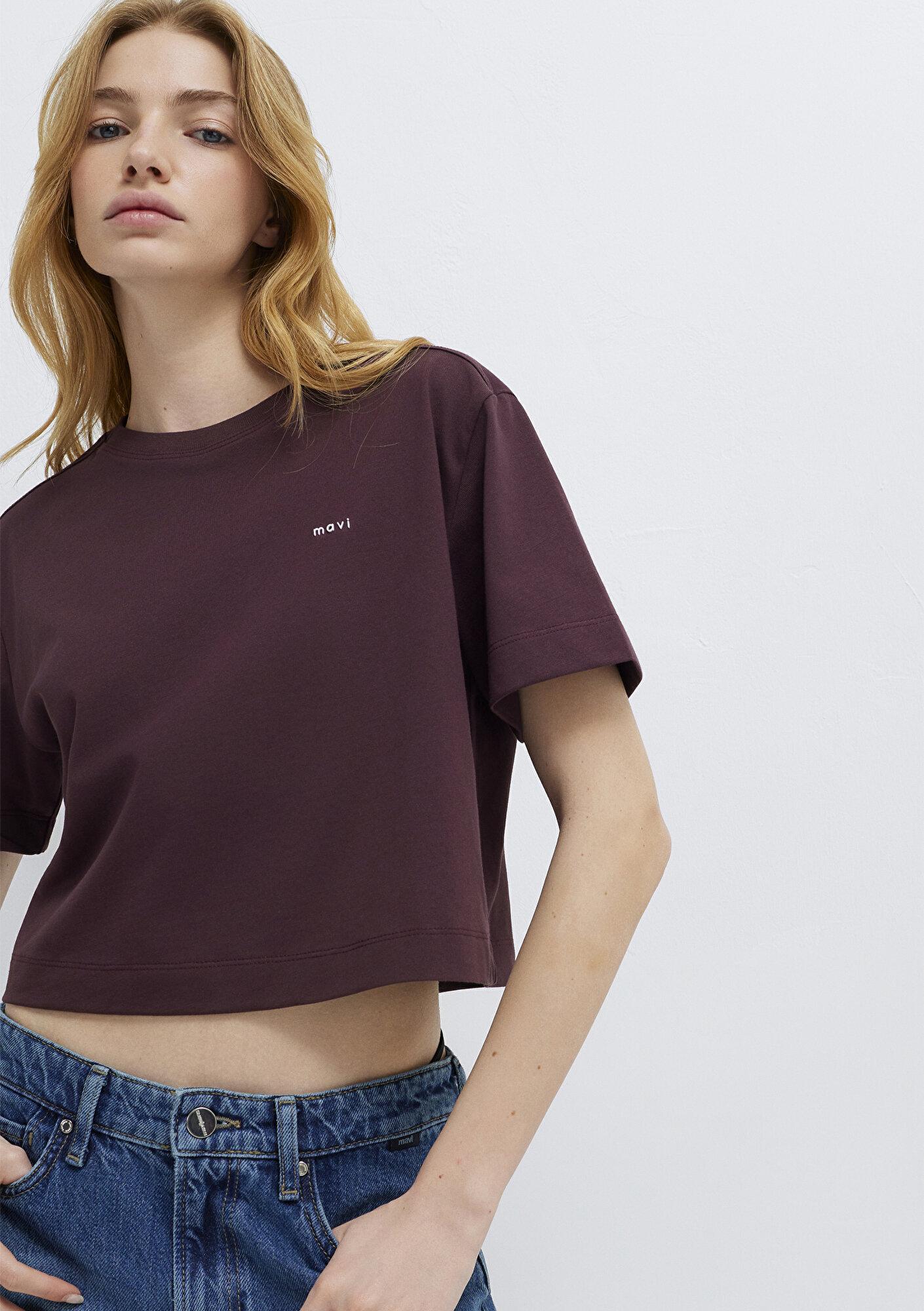 Mavi Mavi Logo Baskılı Bordo Tişört Crop / Kısa Kesim 1613984-70223
