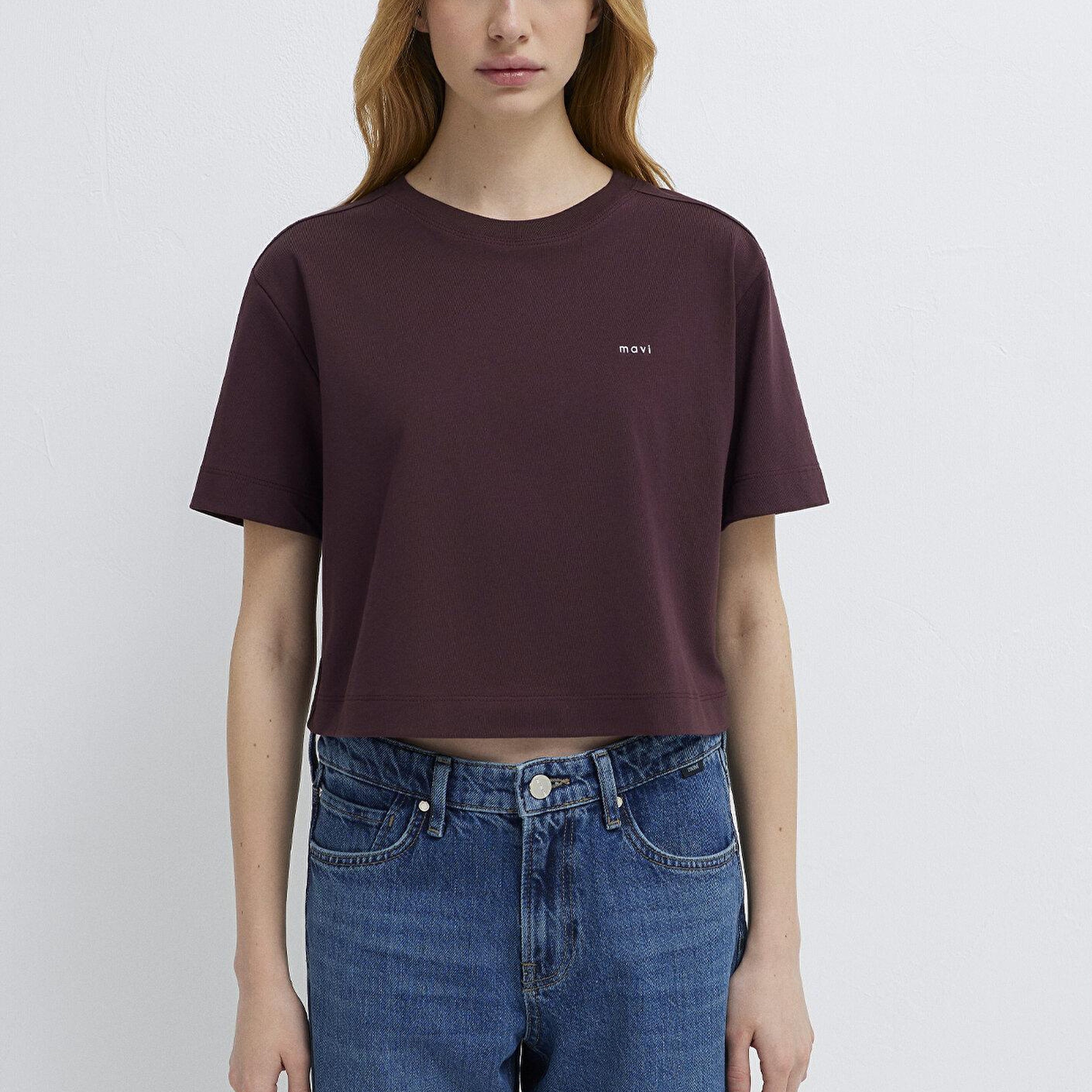 Mavi Mavi Logo Baskılı Bordo Tişört Crop / Kısa Kesim 1613984-70223