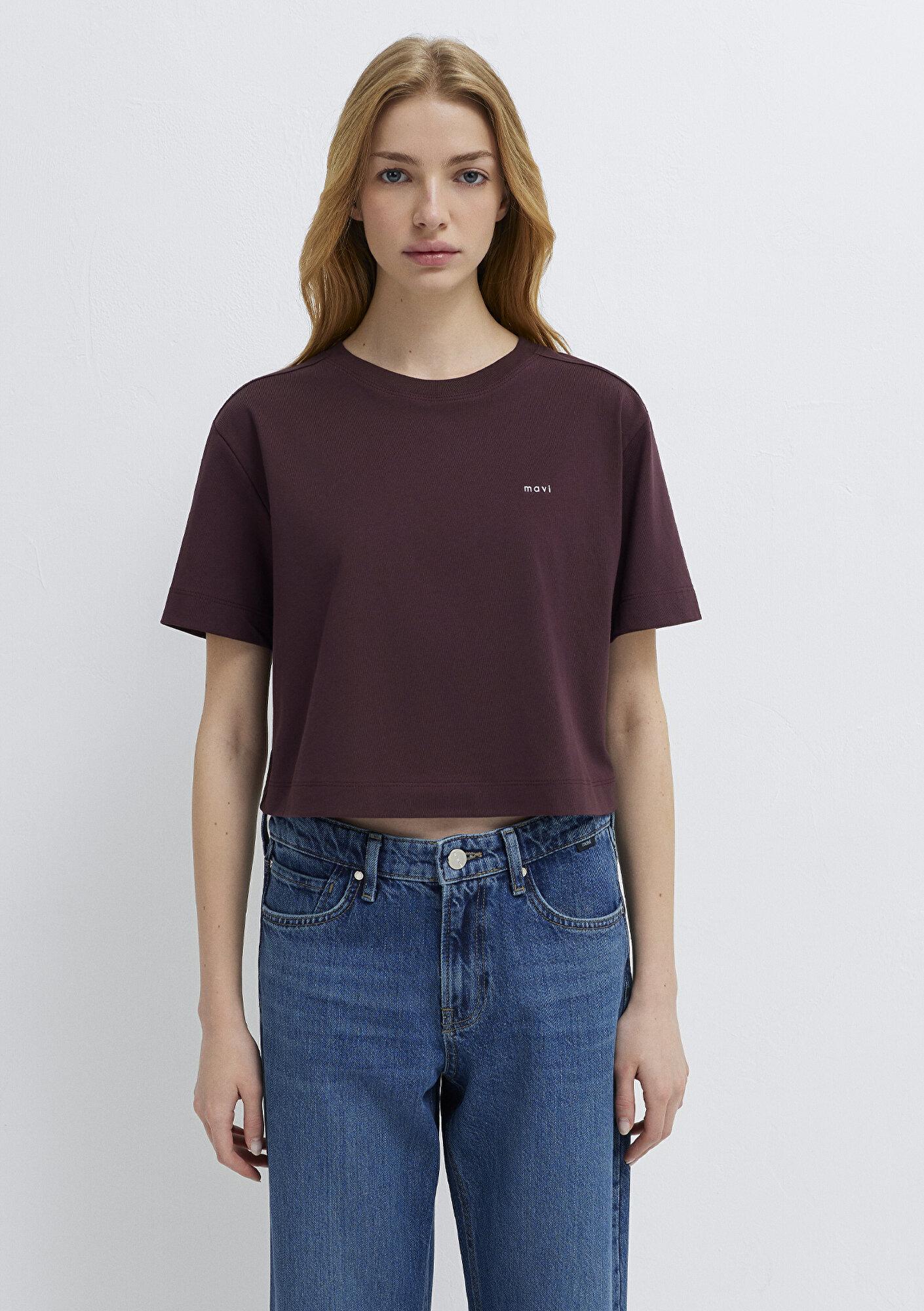 Mavi Mavi Logo Baskılı Bordo Tişört Crop / Kısa Kesim 1613984-70223