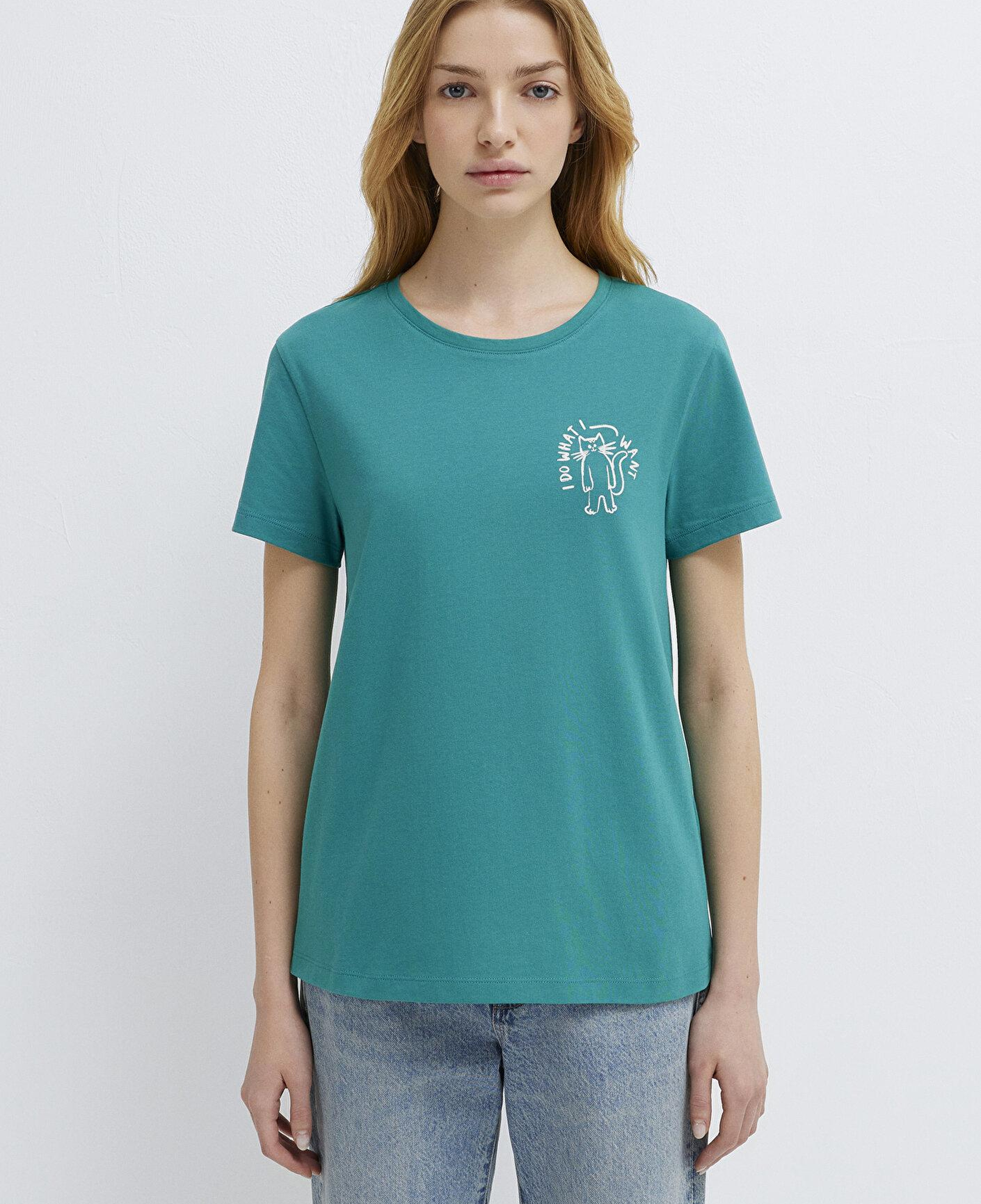 Mavi Kedi Baskılı Yeşil Tişört Semi Slim Fit / Yarı Dar Kesim 1613873-71914