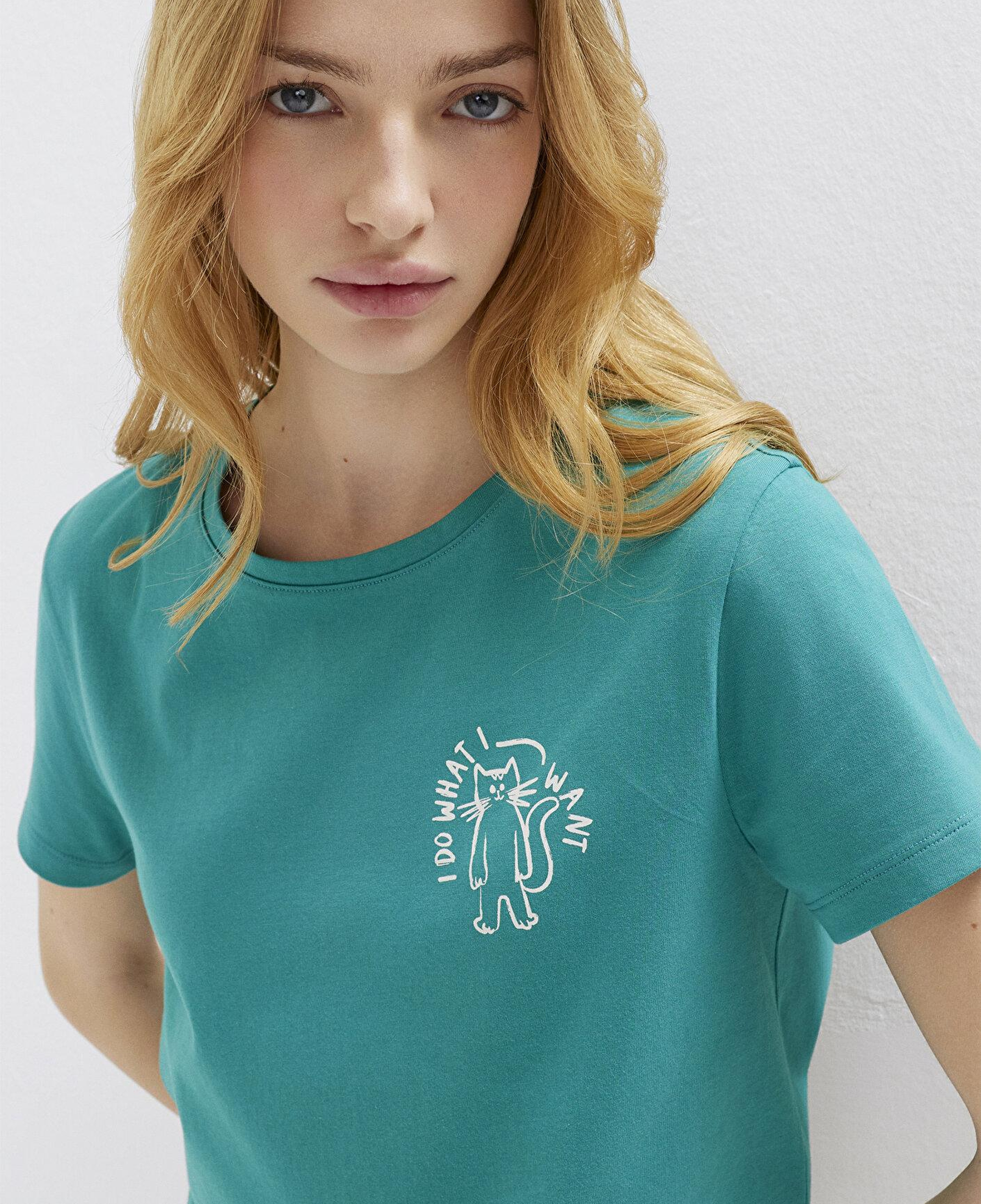Mavi Kedi Baskılı Yeşil Tişört Semi Slim Fit / Yarı Dar Kesim 1613873-71914