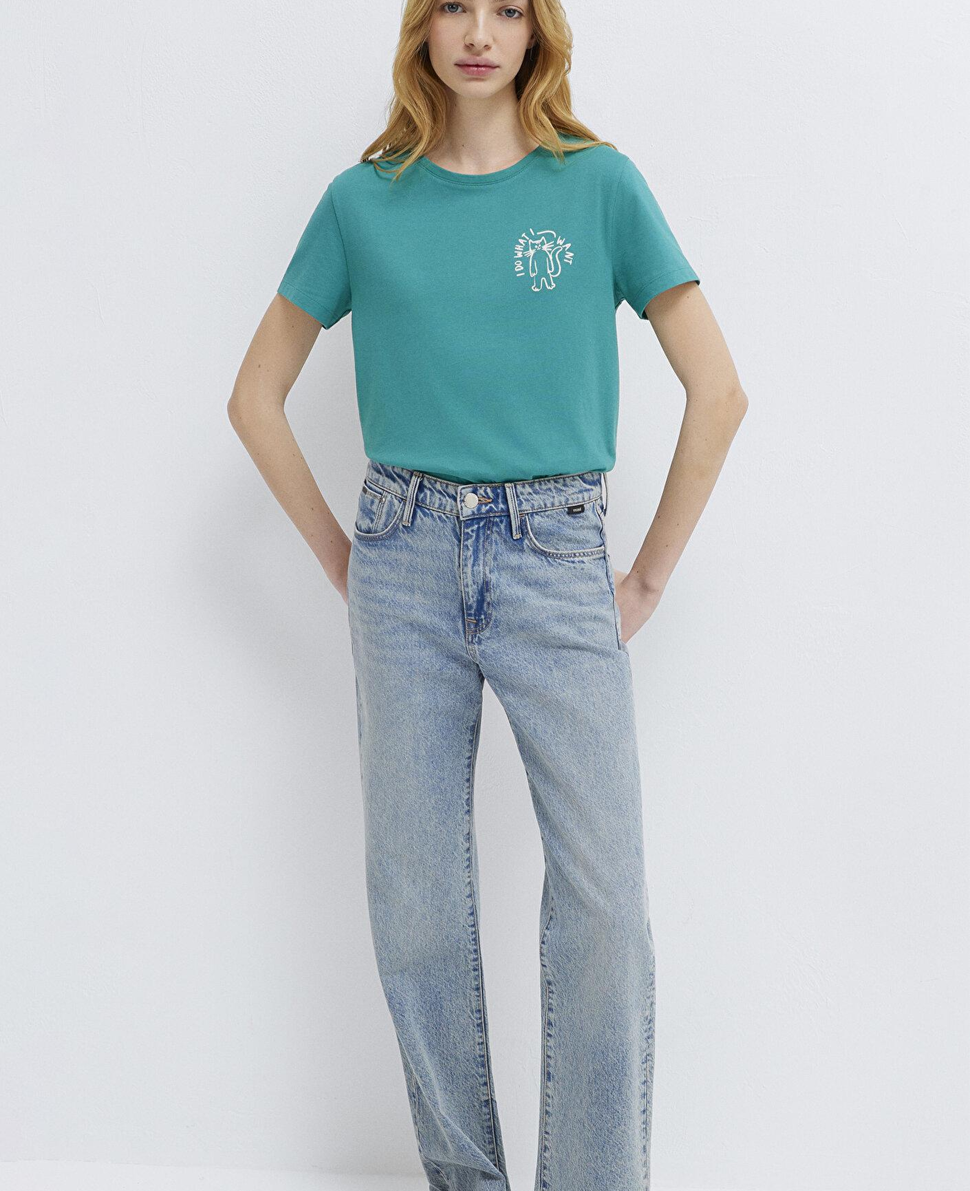 Mavi Kedi Baskılı Yeşil Tişört Semi Slim Fit / Yarı Dar Kesim 1613873-71914