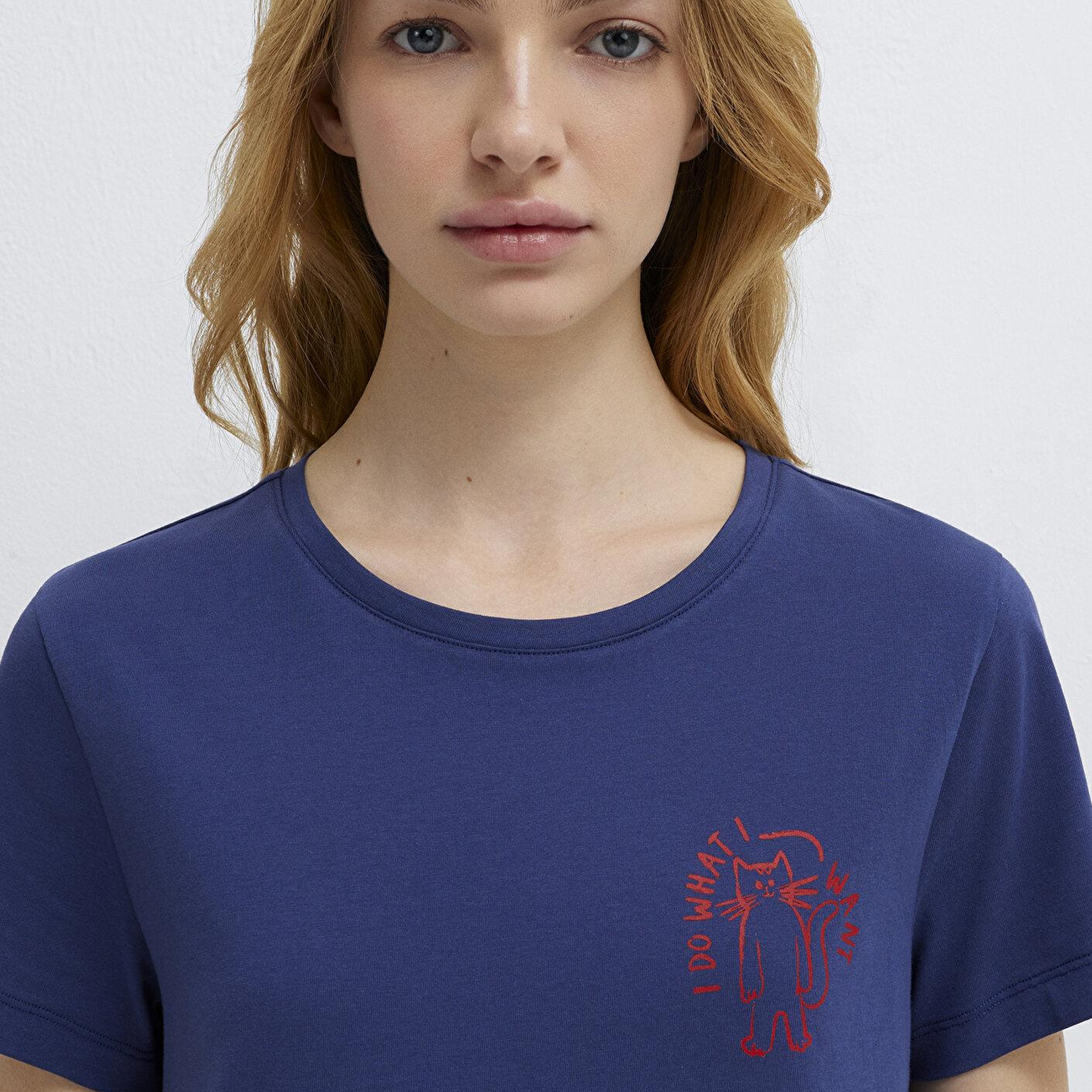 Mavi Kedi Baskılı Lacivert Tişört Semi Slim Fit / Yarı Dar Kesim 1613873-70498