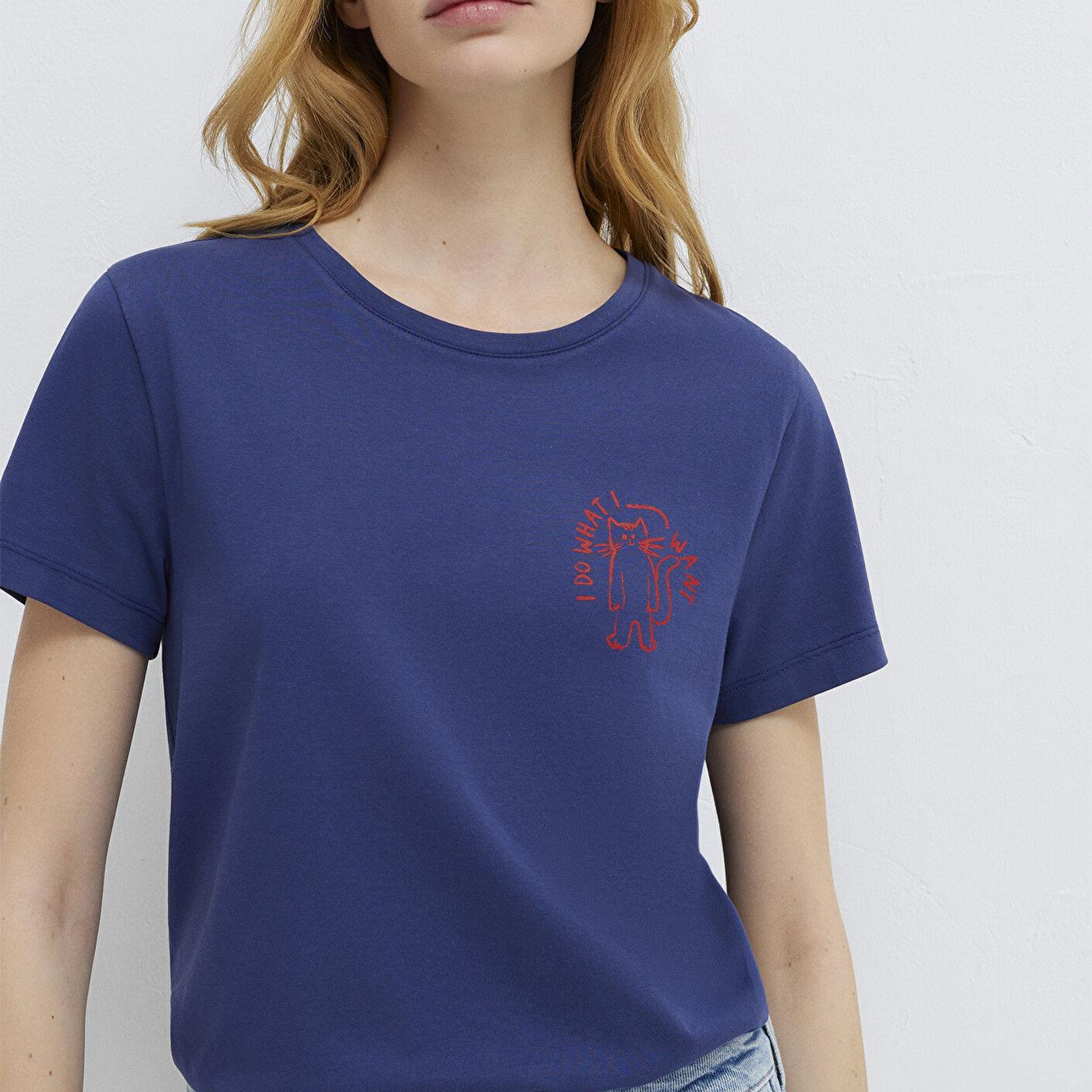 Mavi Kedi Baskılı Lacivert Tişört Semi Slim Fit / Yarı Dar Kesim 1613873-70498