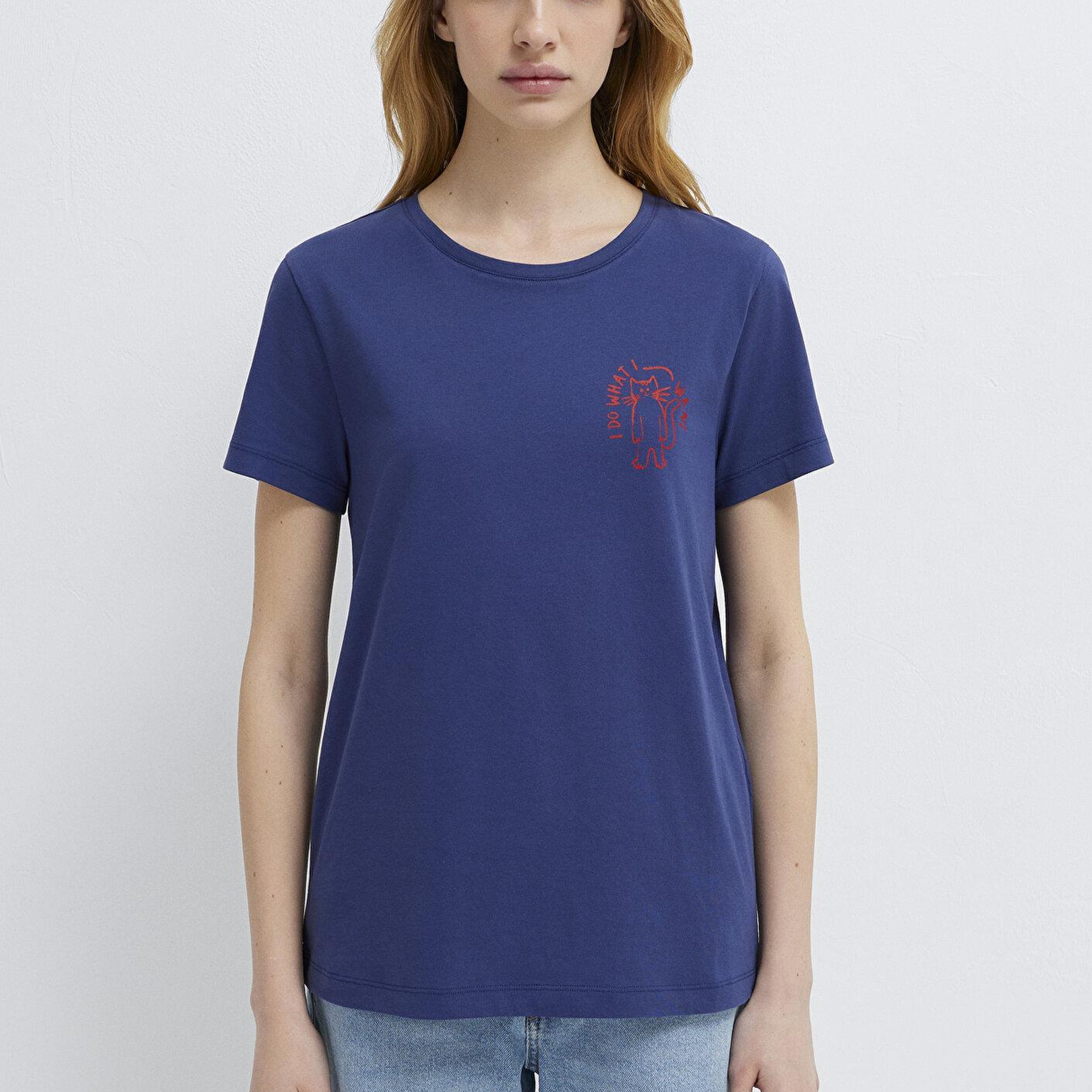Mavi Kedi Baskılı Lacivert Tişört Semi Slim Fit / Yarı Dar Kesim 1613873-70498