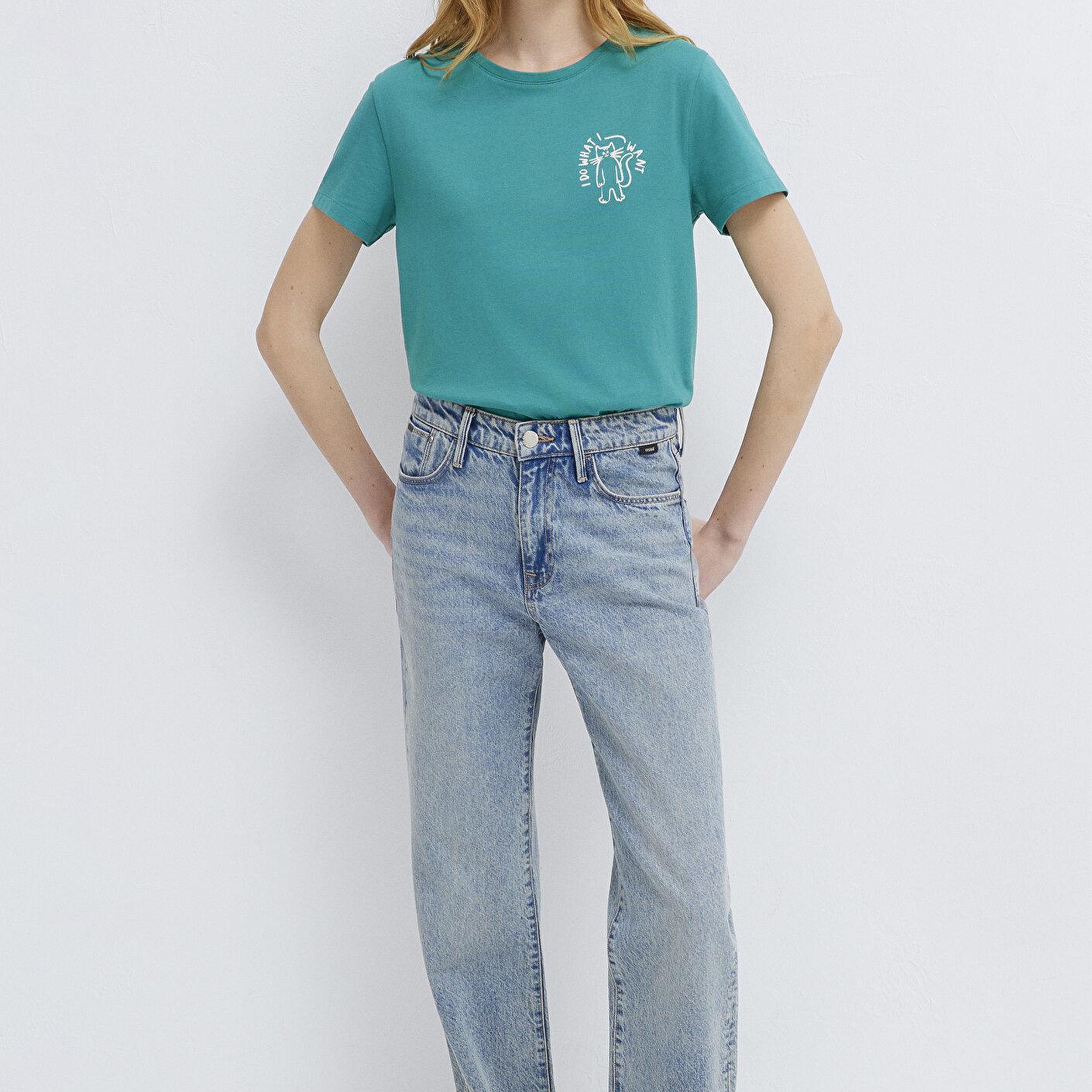 Mavi Kedi Baskılı Yeşil Tişört Semi Slim Fit / Yarı Dar Kesim 1613873-71914