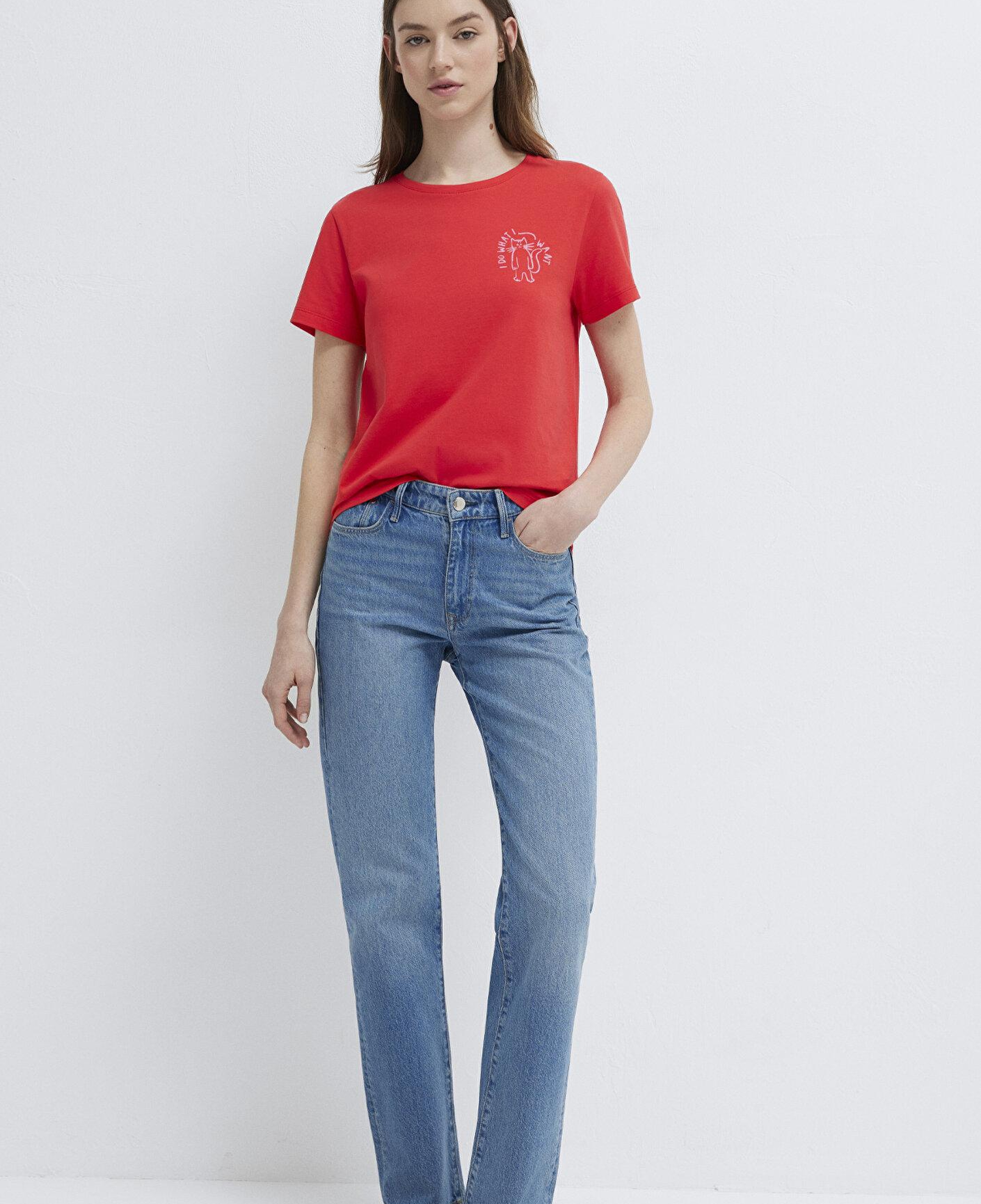 Mavi Kedi Baskılı Kırmızı Tişört Semi Slim Fit / Yarı Dar Kesim 1613873-71083